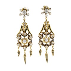 Antique Diamond Black Enamel Yellow Gold Drop Earrings