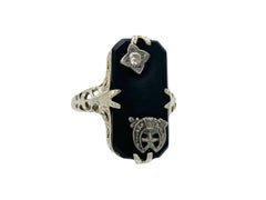 Antique Diamond Black Onyx 14k White Gold Victorian Mourning Pinky Signet Ring
