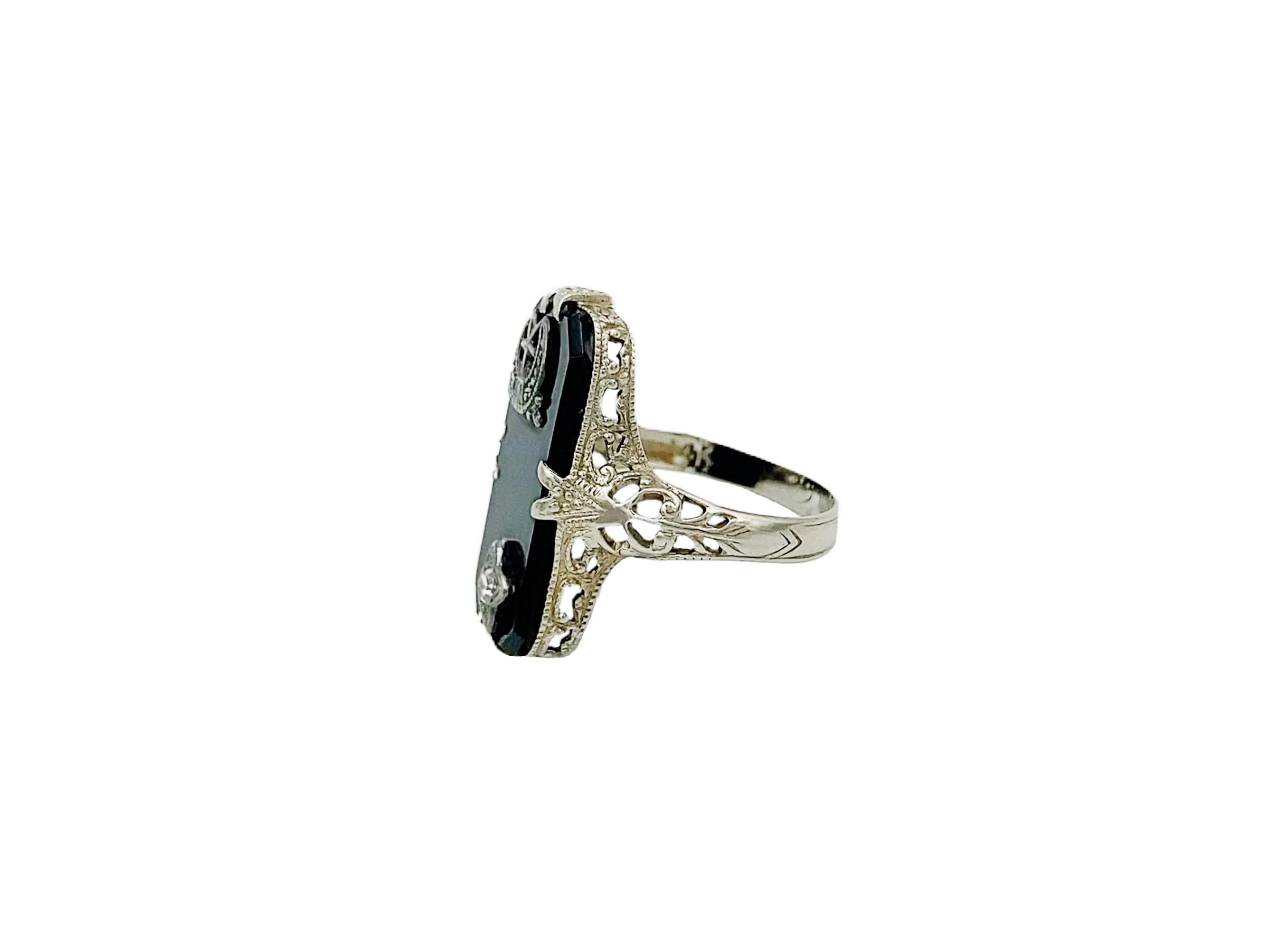 Taille simple Bague de Signet Pinky en or blanc 14k, diamant noir onyx, ancienne, victorienne, en deuil en vente