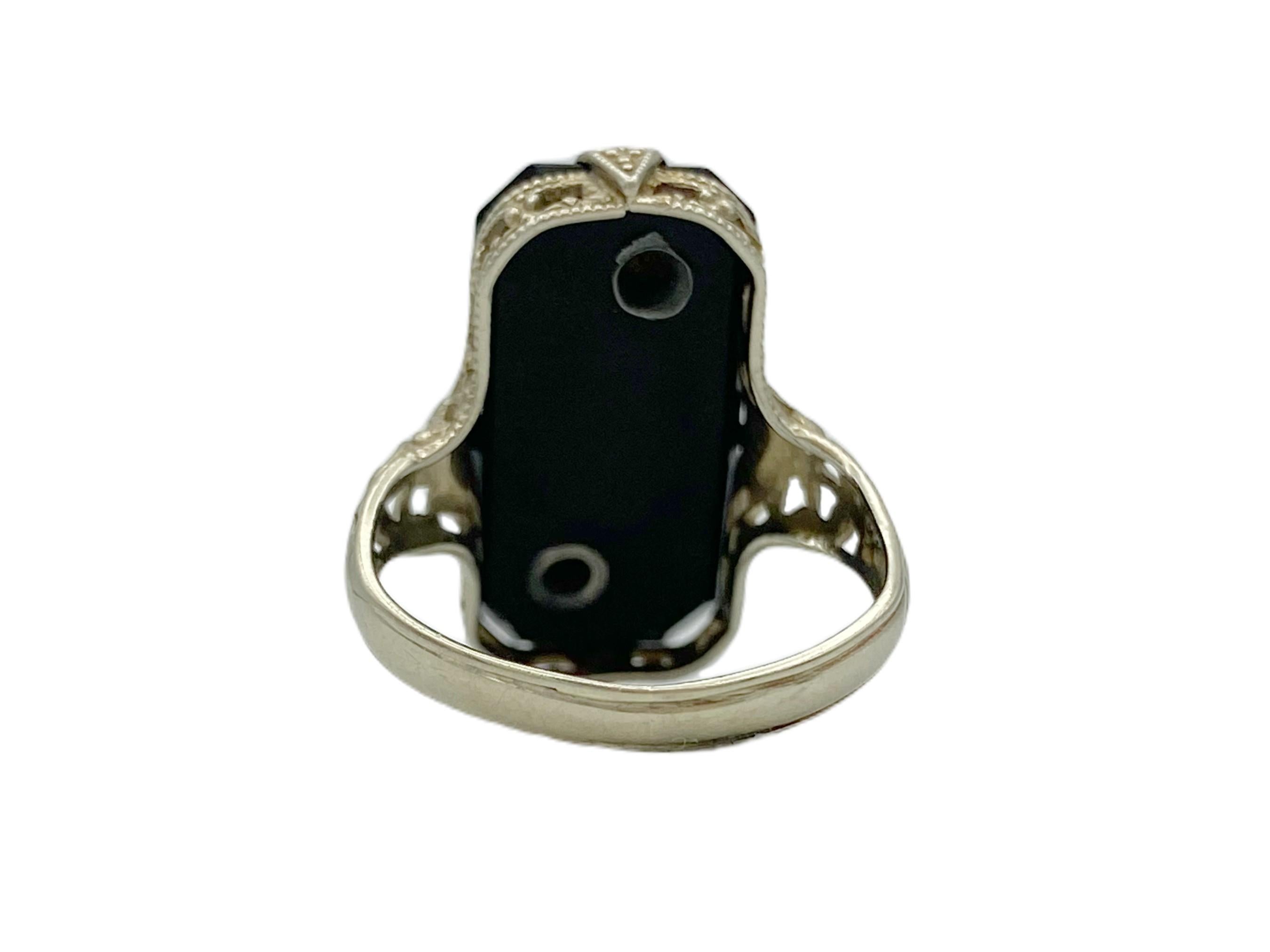 Single Cut Antique Diamond Black Onyx 14k White Gold Victorian Mourning Pinky Signet Ring For Sale
