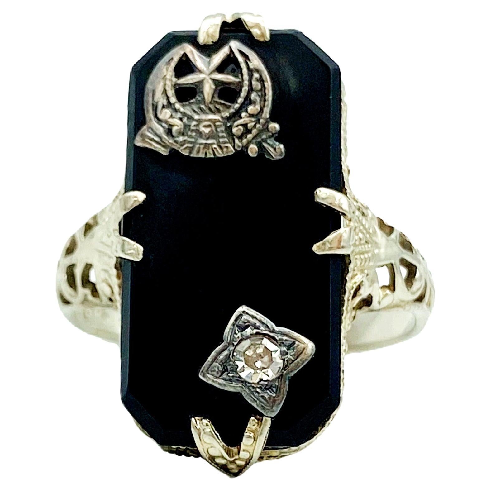 Antique Diamond Black Onyx 14k White Gold Victorian Mourning Pinky Signet Ring For Sale