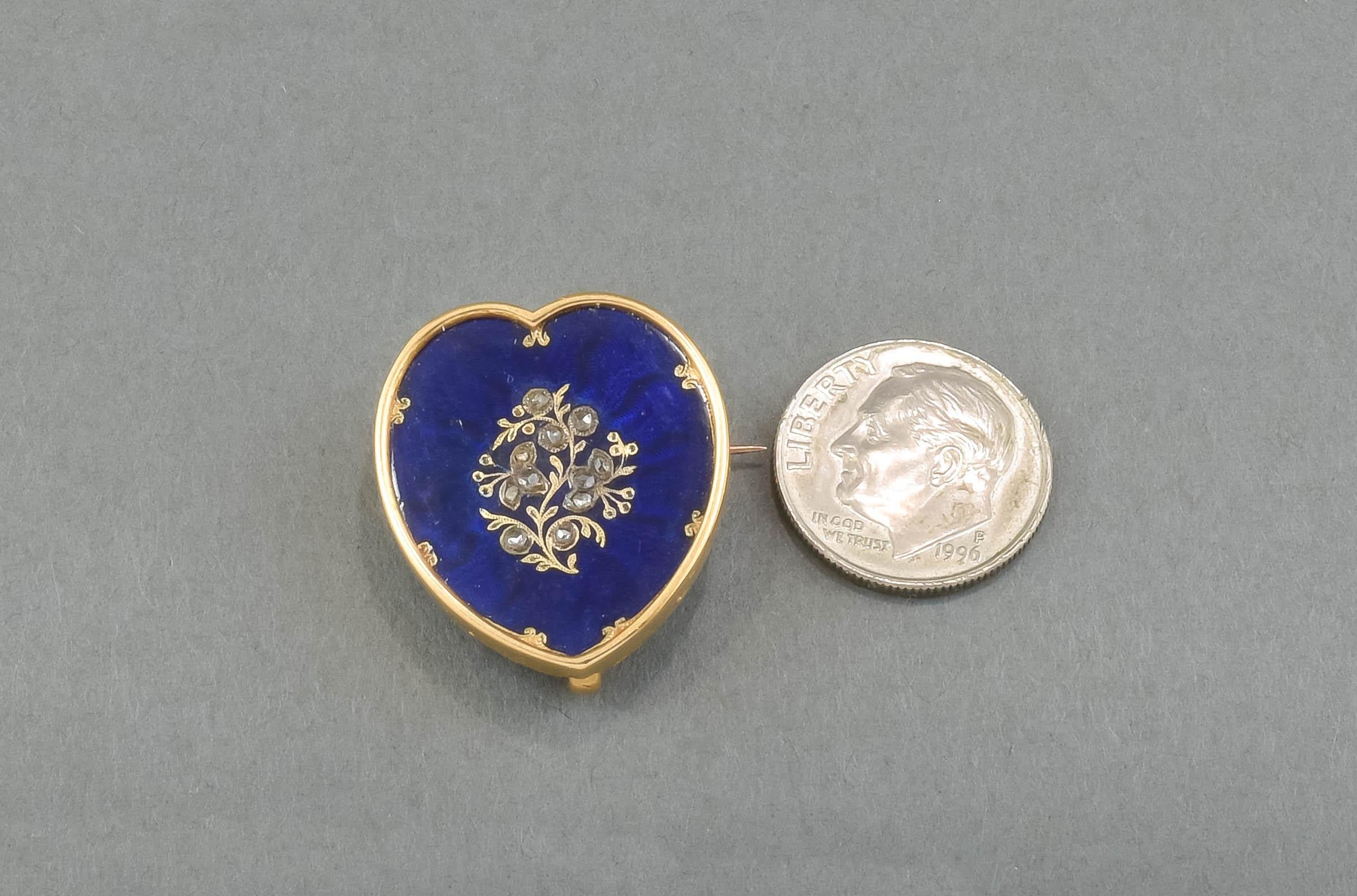 Victorian Antique Diamond & Blue Guilloche Enamel Gold Heart Brooch Pin For Sale