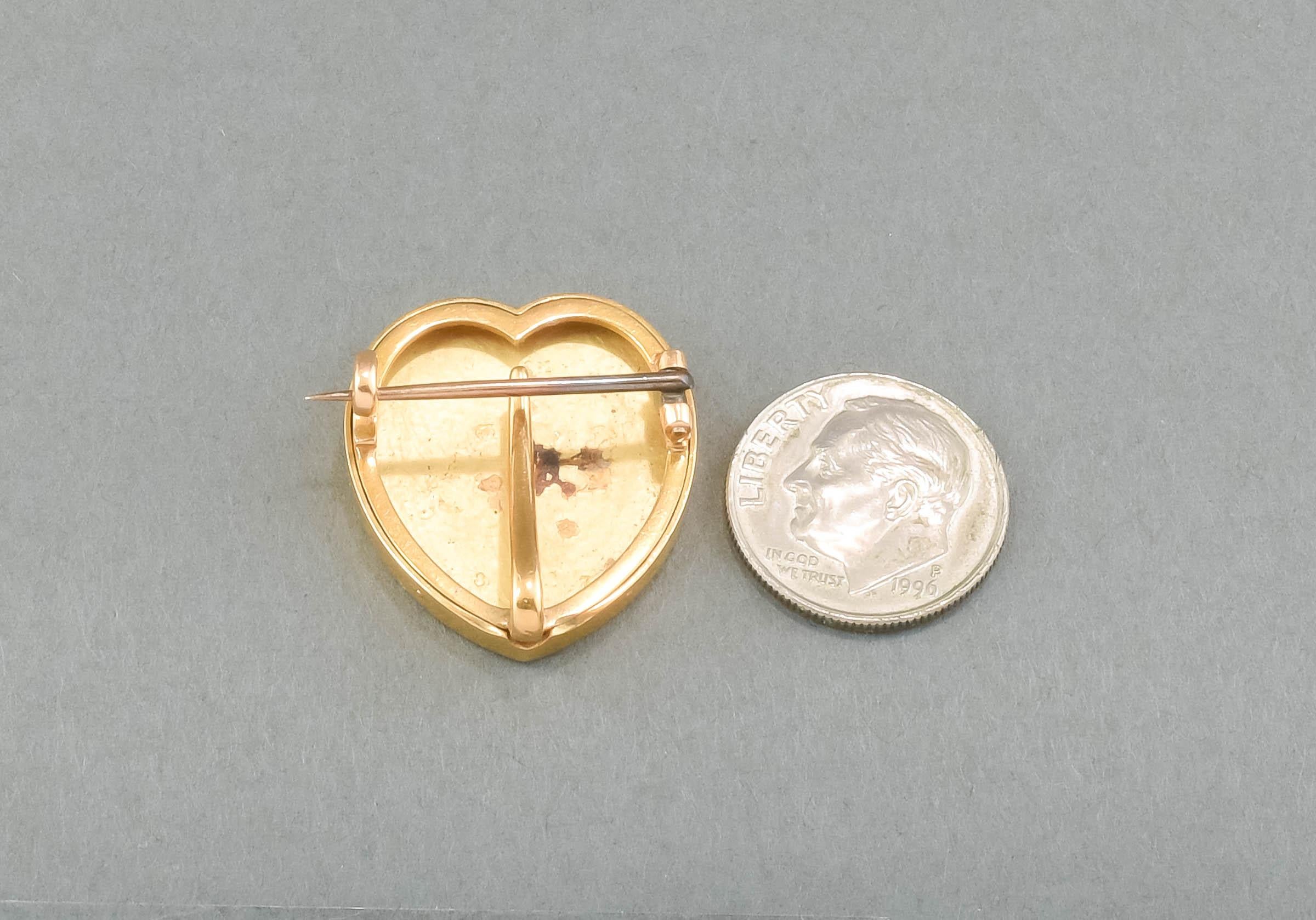 Rose Cut Antique Diamond & Blue Guilloche Enamel Gold Heart Brooch Pin For Sale