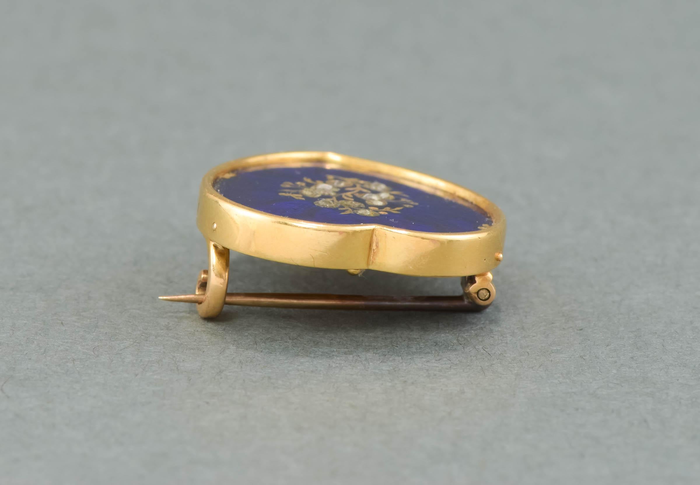 Antique Diamond & Blue Guilloche Enamel Gold Heart Brooch Pin For Sale 1