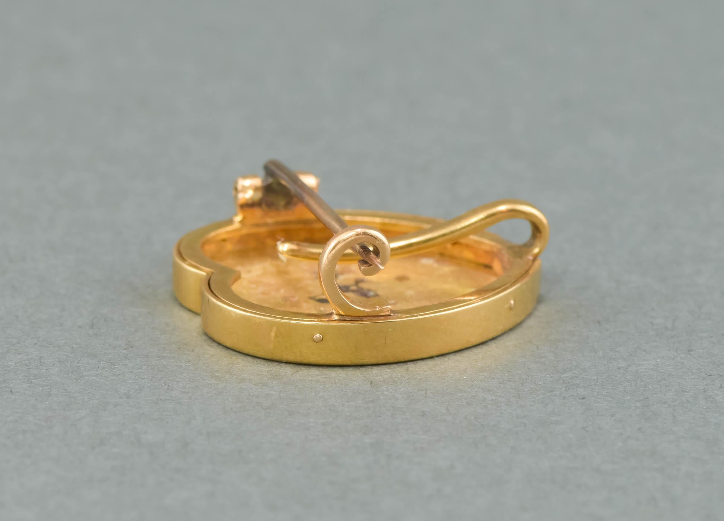 Antique Diamond & Blue Guilloche Enamel Gold Heart Brooch Pin For Sale 2