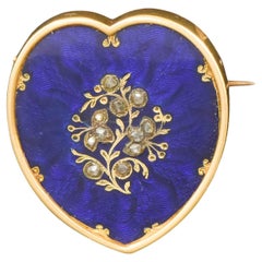 Antique Diamond & Blue Guilloche Enamel Gold Heart Brooch Pin