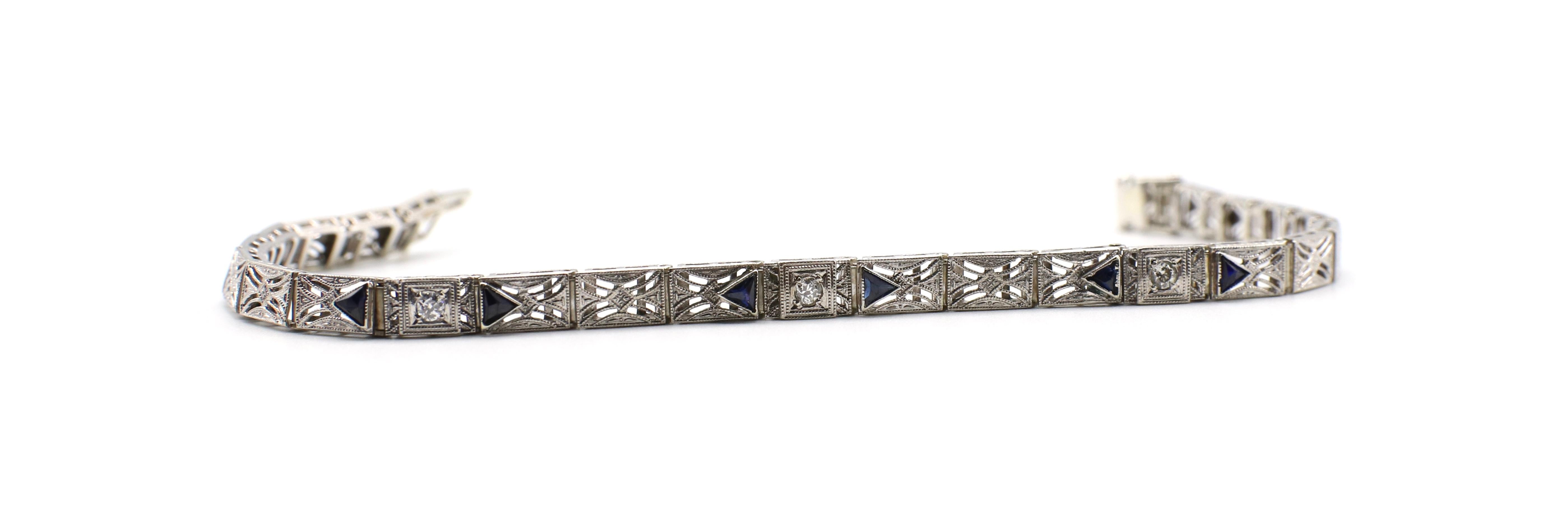 Art Deco Antique Diamond & Period Manufactured Sapphire Filigree 14k White Gold Bracelet 