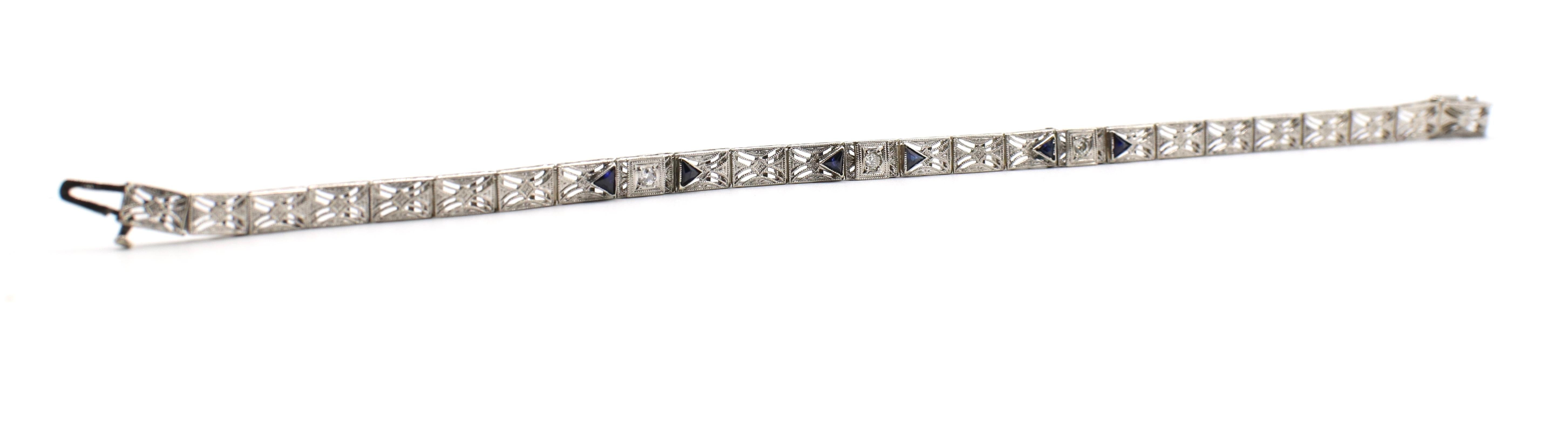 Old European Cut Antique Diamond & Period Manufactured Sapphire Filigree 14k White Gold Bracelet 