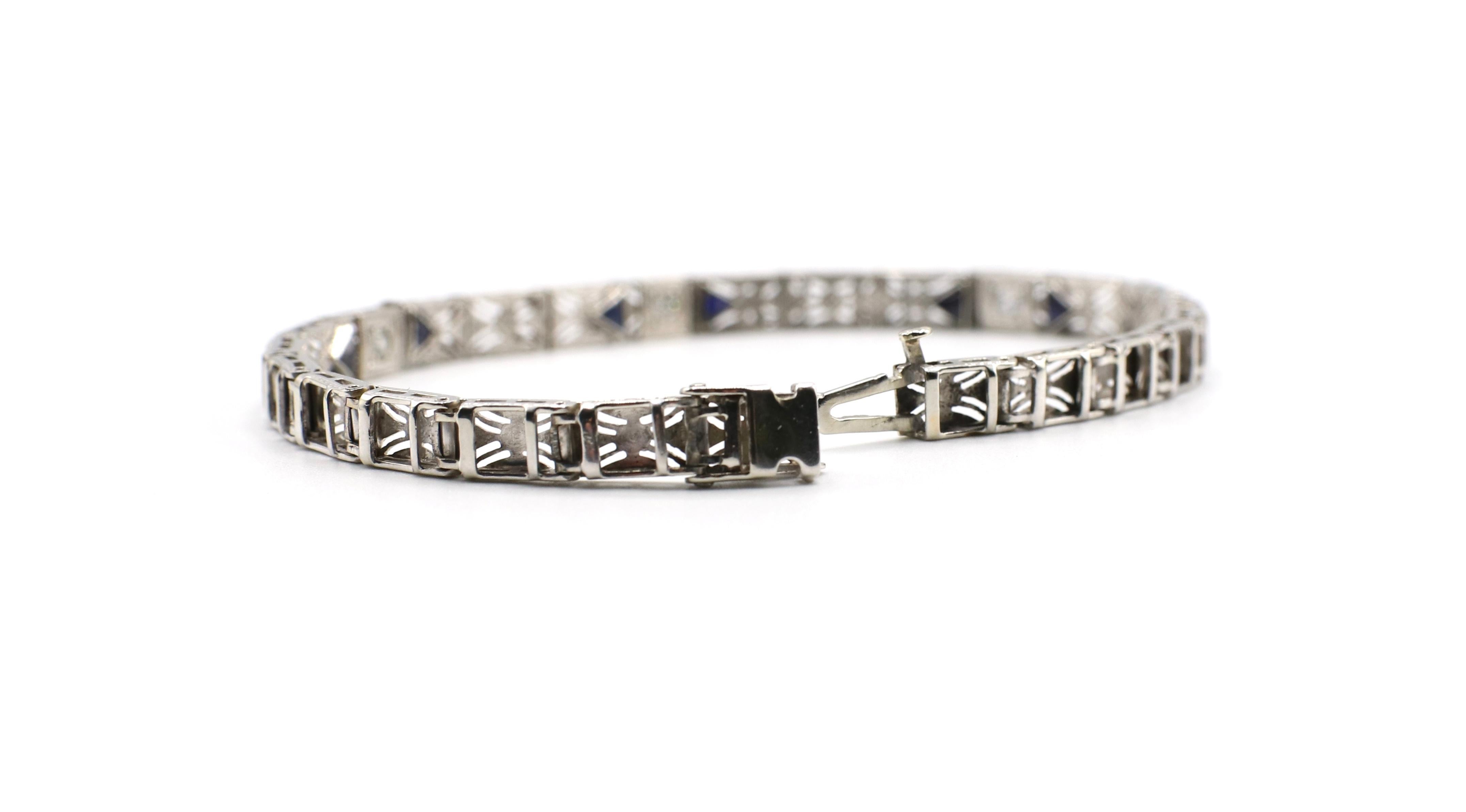 Antique Diamond & Period Manufactured Sapphire Filigree 14k White Gold Bracelet  In Good Condition In  Baltimore, MD