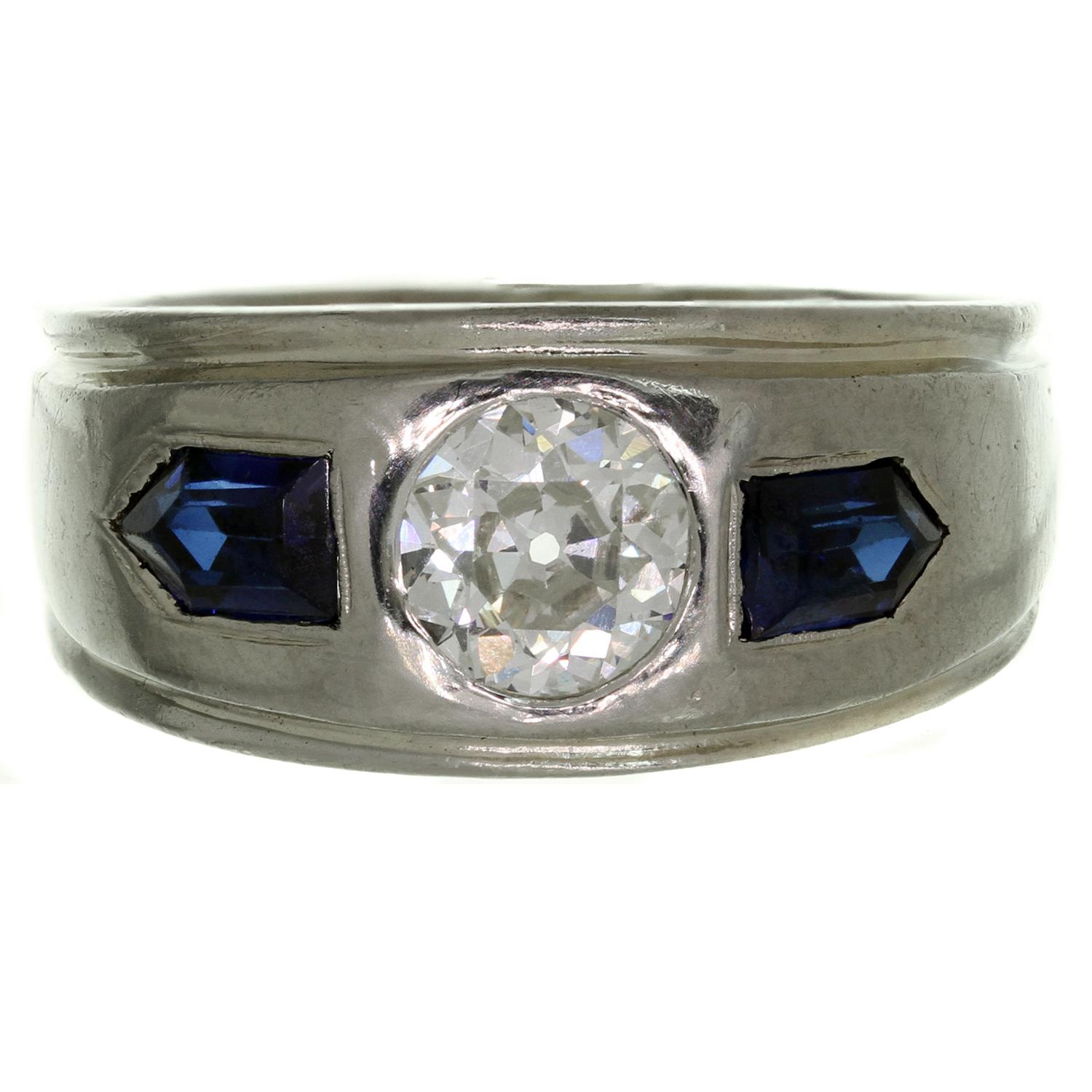 Antique Diamond Blue Sapphire White Gold Men's Ring