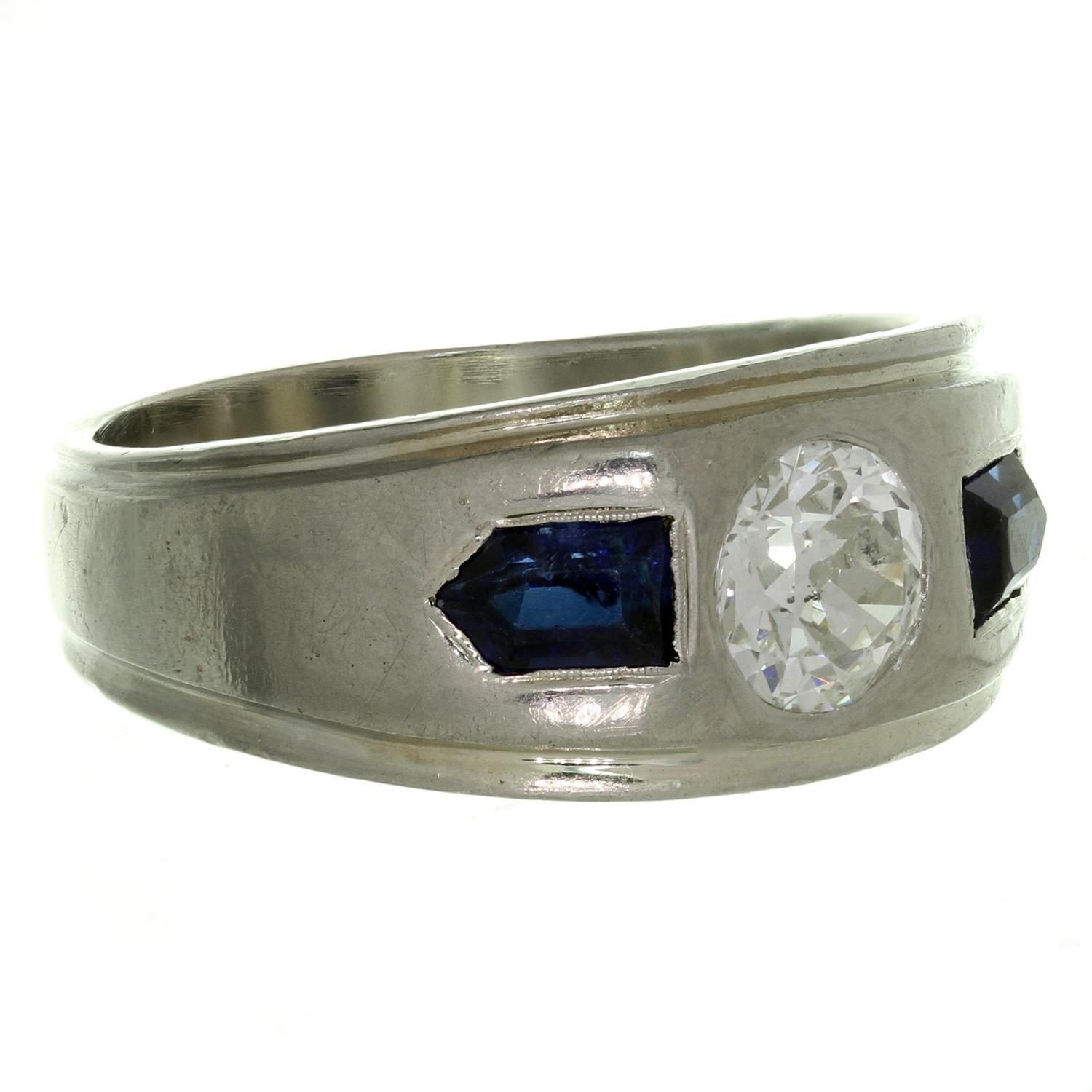 Antique Diamond Blue Sapphire White Gold Men's Ring