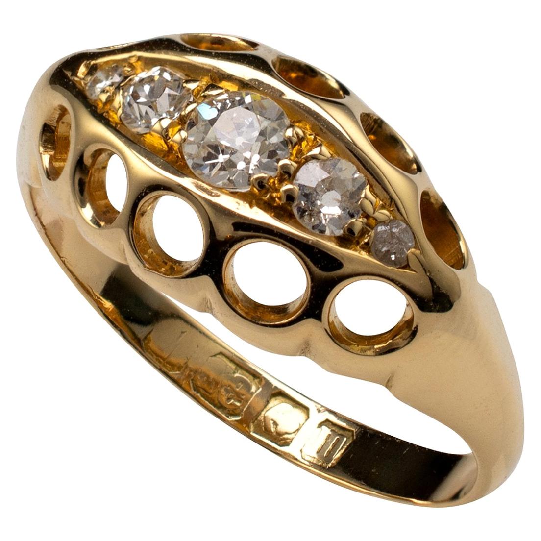 Antique Diamond Boat Shape Ring 18 Karat Yellow Gold, Ring For Sale