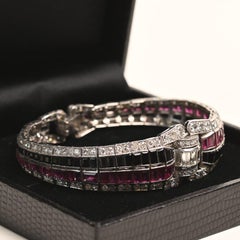 Antique Diamond Bracelet. 6TCW Diamond Ruby Onyx Geometric Bracelet Platinum