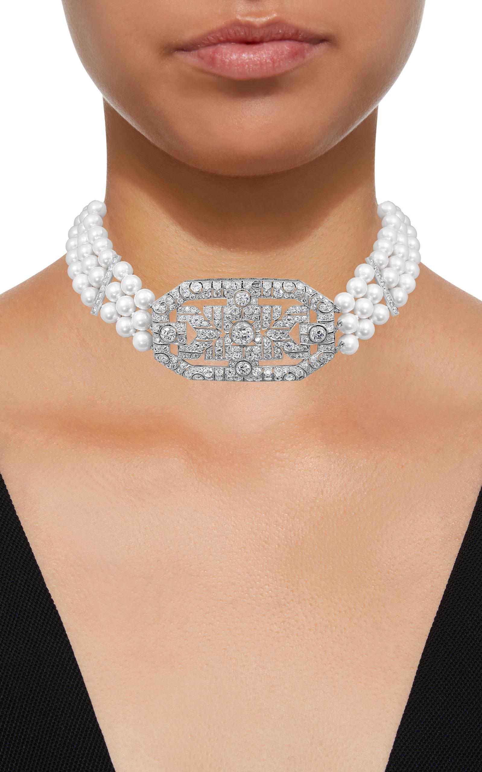 Antique Diamond Broach or Pin Necklace in Platinum with Pearls, Bridal In Excellent Condition In New York, NY