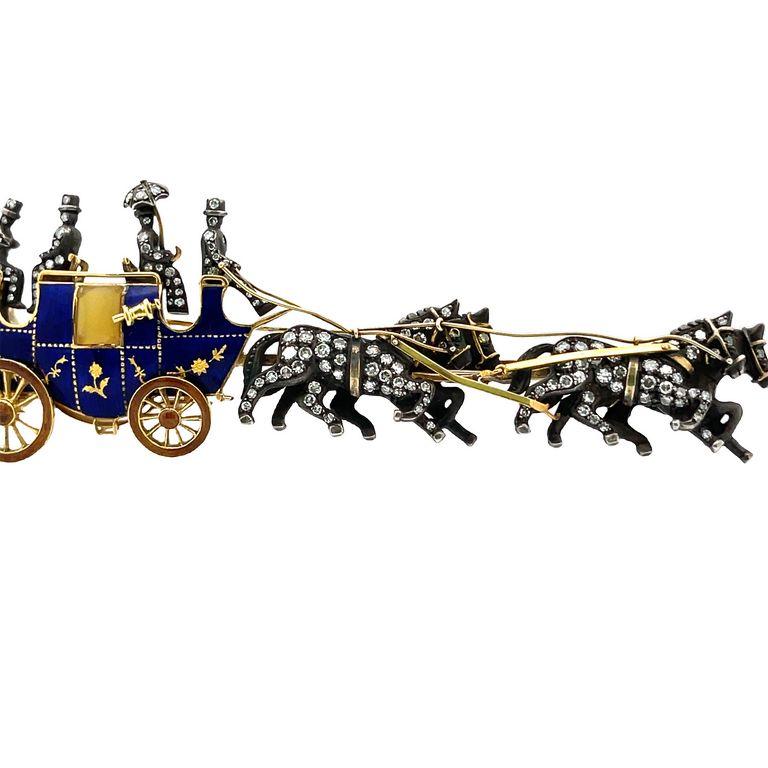 Allow us to introduce you to a magnificent and unique piece of jewelry, this antique brooch was designed and manufactured in France in 1960. The design is inspired by the horse carriage, which for a long time it was the best kings and queens