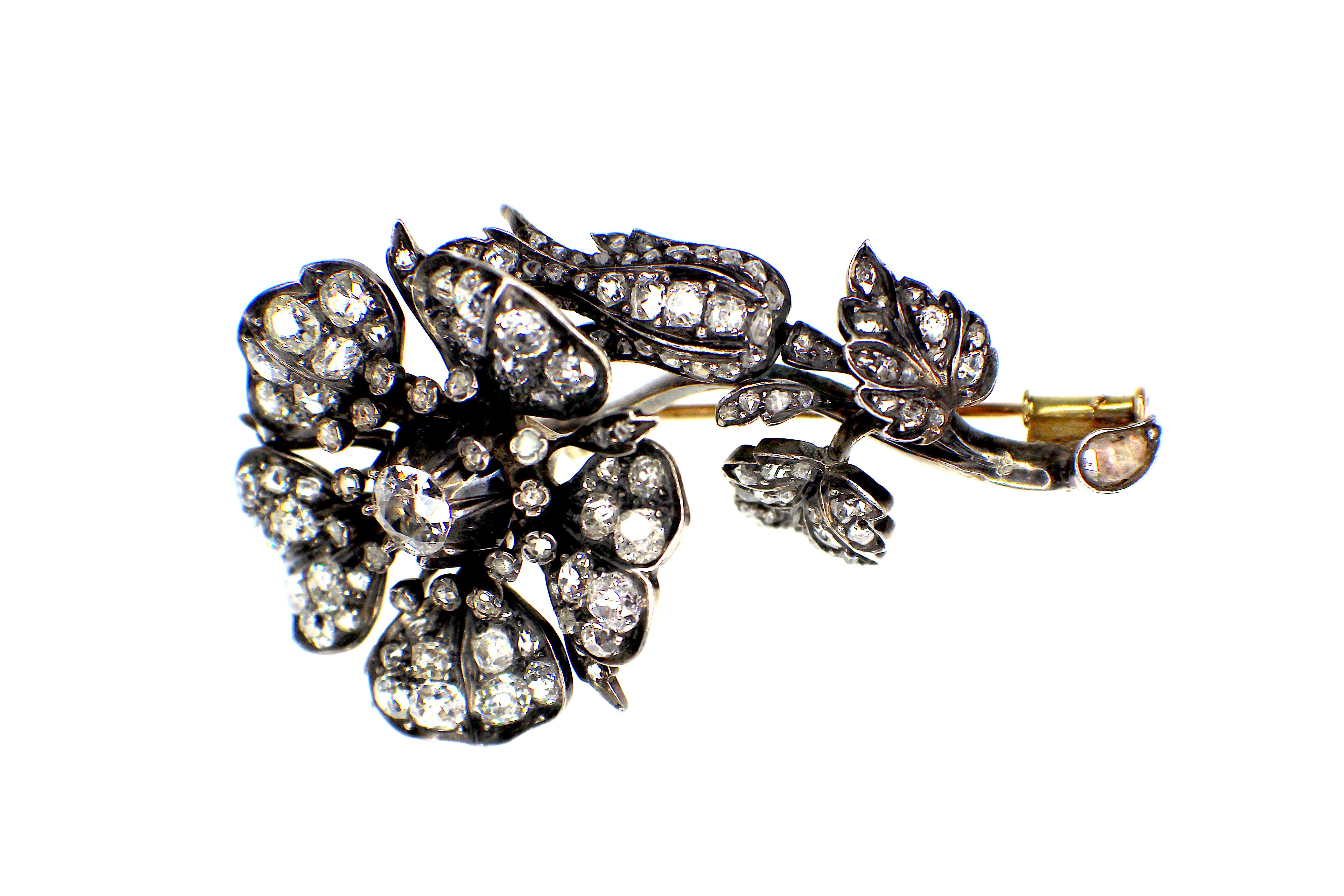 Antique Diamond Brooch, set with old mine, old european and rosé cut diamonds,
 total weight of diamonds  estimated 16ct,  middle flower en tremblant. 