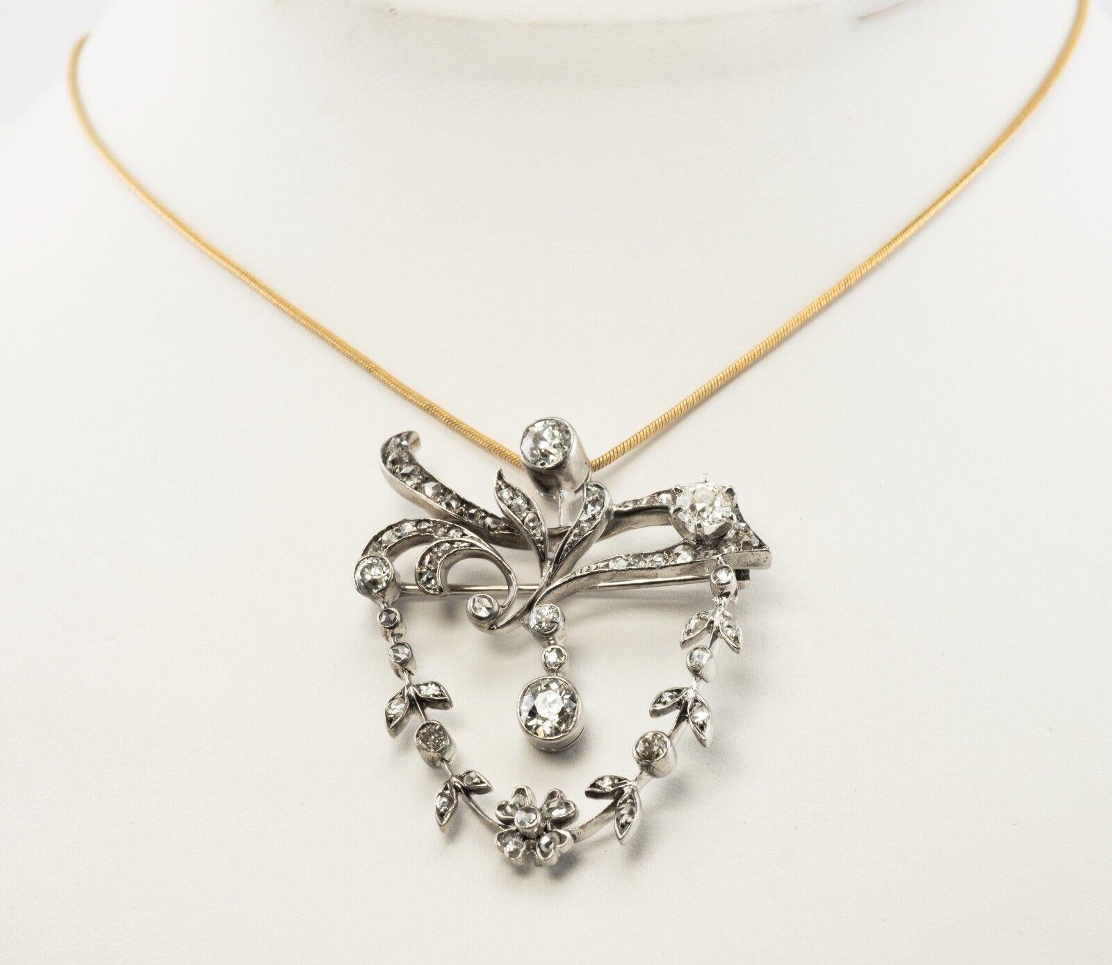 Broche en diamant antique Pendentif floral en or 14K 2.47 TDW en vente 4