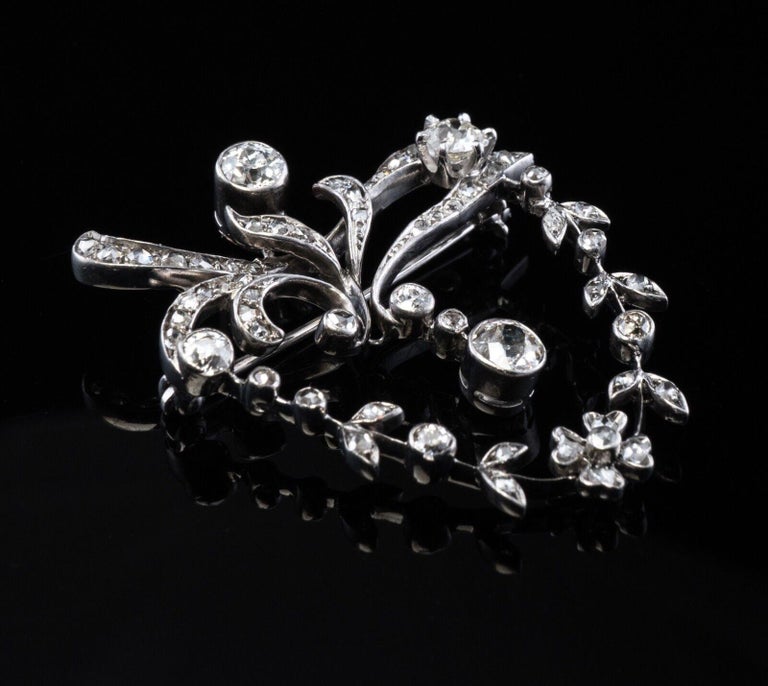 Edwardian Antique Diamond Brooch Floral Pendant 14K Gold 2.47 TDW For Sale