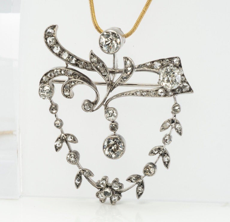 Old Mine Cut Antique Diamond Brooch Floral Pendant 14K Gold 2.47 TDW For Sale