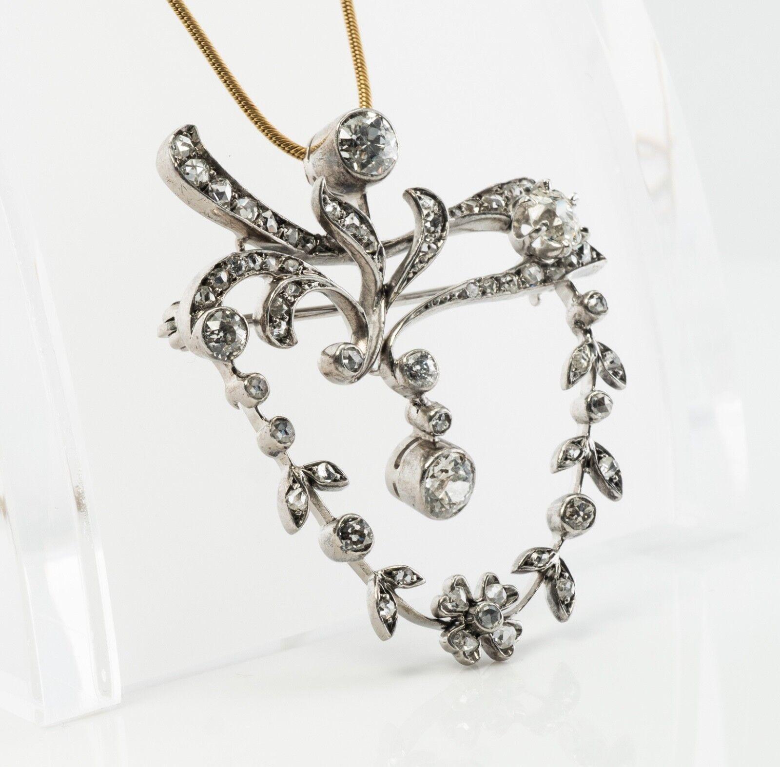 Broche en diamant antique Pendentif floral en or 14K 2.47 TDW Bon état - En vente à East Brunswick, NJ