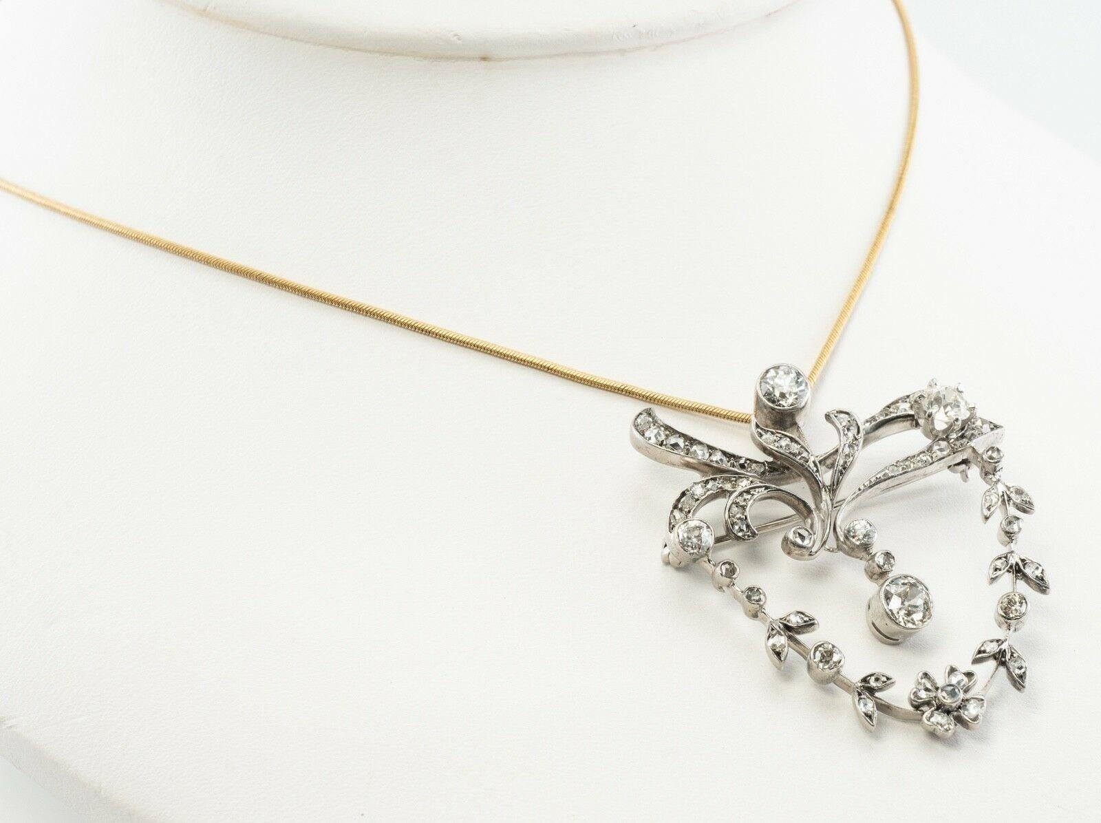 Women's Antique Diamond Brooch Floral Pendant 14K Gold 2.47 TDW For Sale