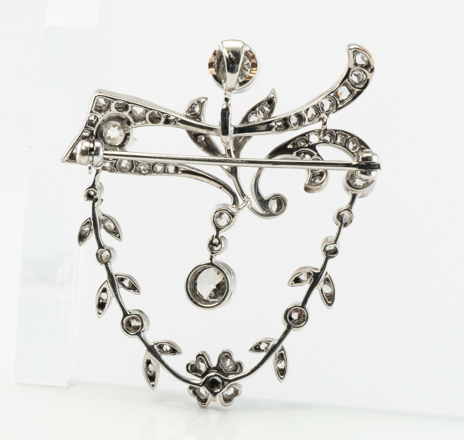 Antique Diamond Brooch Floral Pendant 14K Gold 2.47 TDW For Sale 1