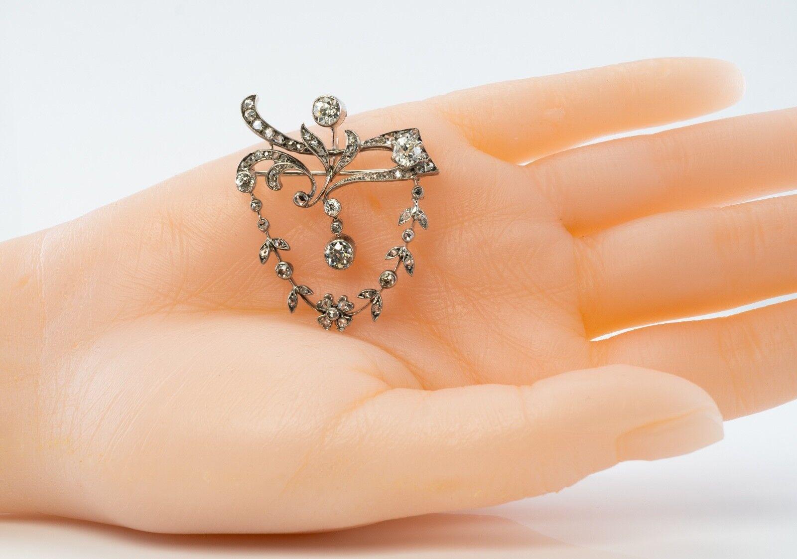 Broche en diamant antique Pendentif floral en or 14K 2.47 TDW en vente 3