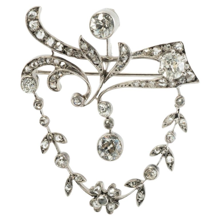 Antique Diamond Brooch Floral Pendant 14K Gold 2.47 TDW For Sale