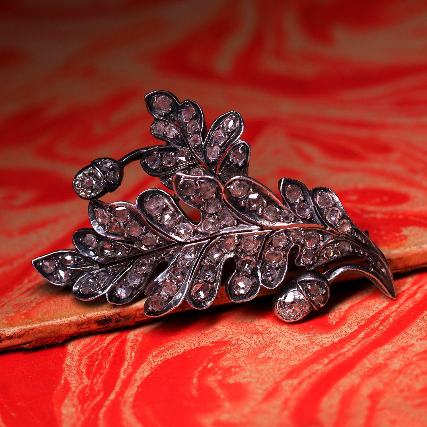 Antique Diamond Brooch Oak Leaf Gold Silver Old Mined Cut Diamond 1860 For Sale 5
