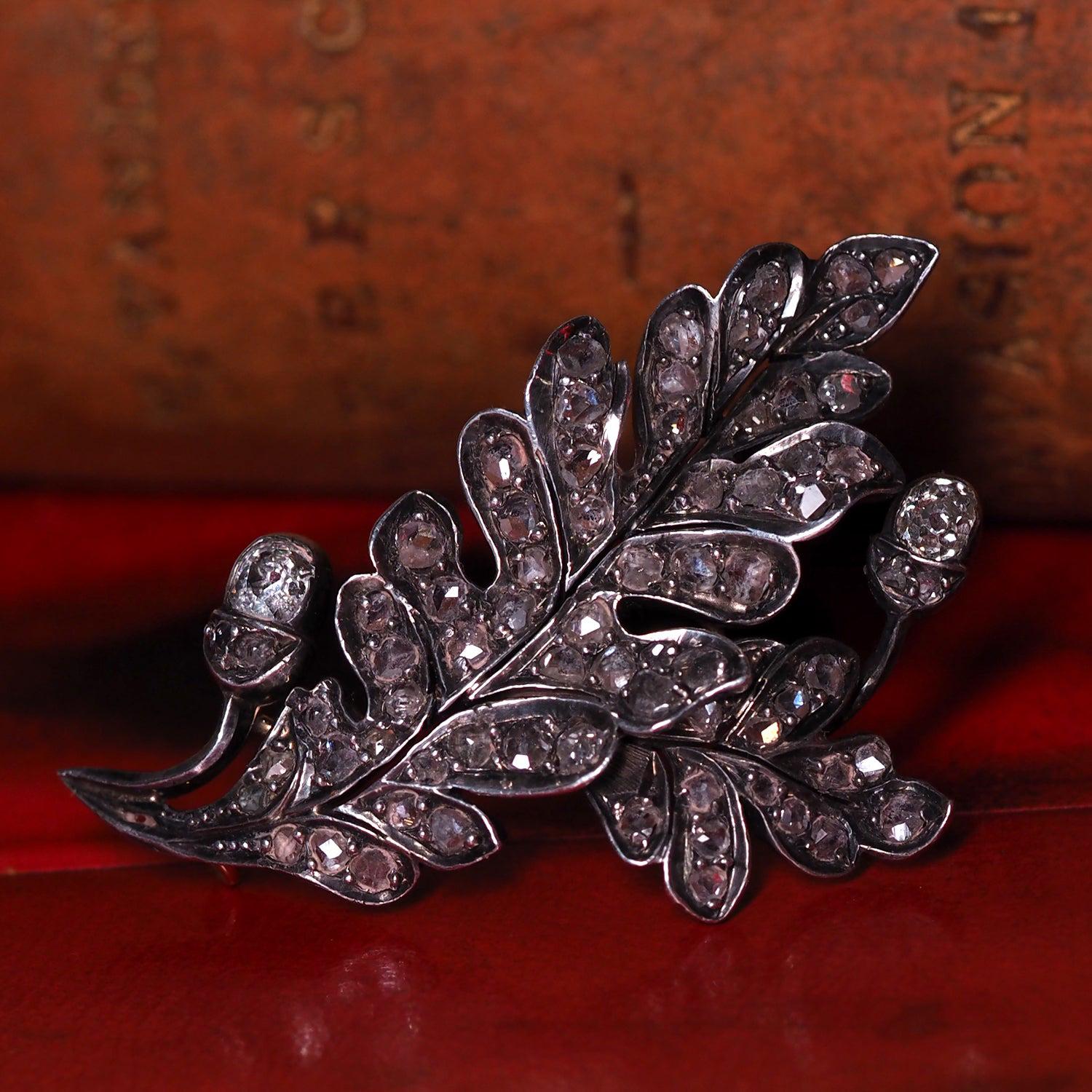Antique Diamond Brooch Oak Leaf Gold Silver Old Mined Cut Diamond 1860 For Sale 3