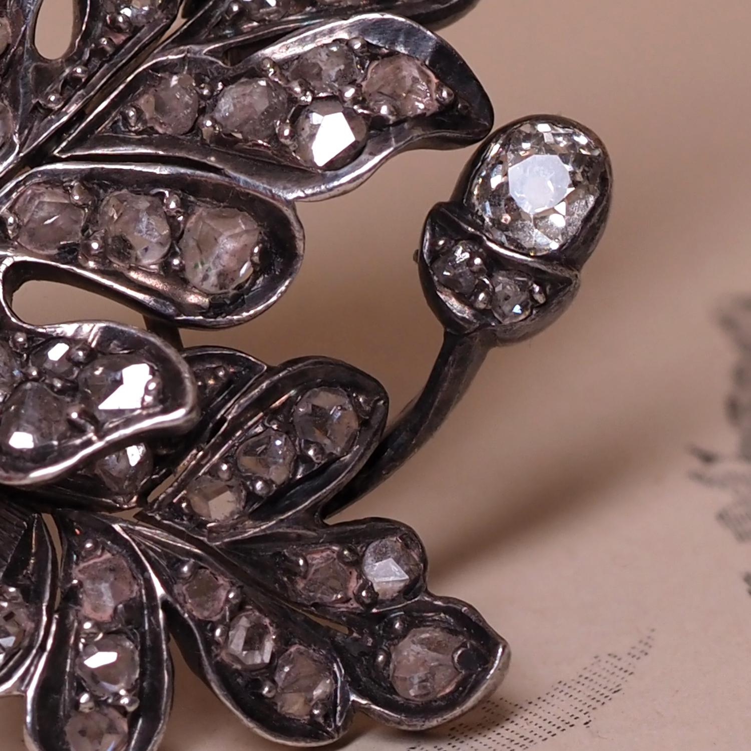 Antique Diamond Brooch Oak Leaf Gold Silver Old Mined Cut Diamond 1860 In Good Condition In Berlin, DE