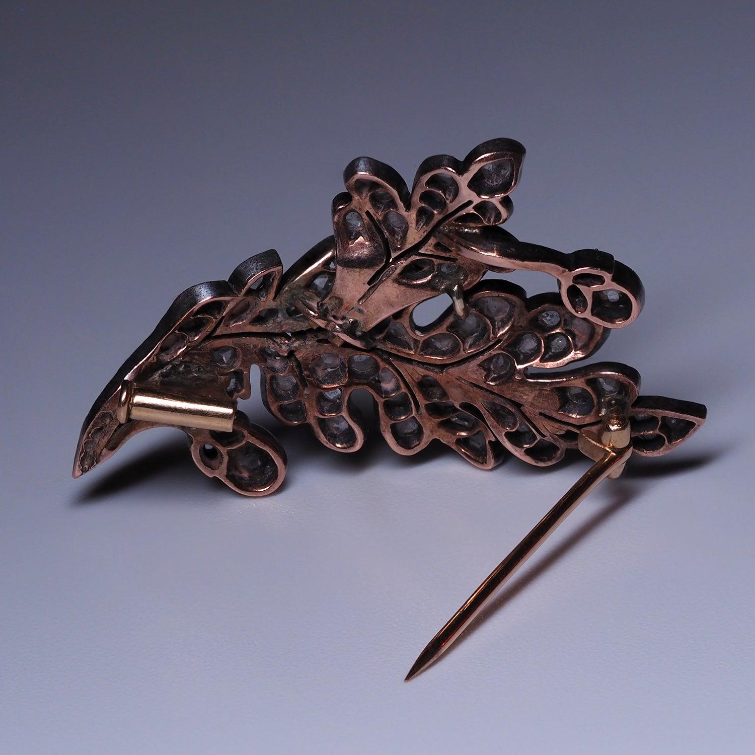 Antique Diamond Brooch Oak Leaf Gold Silver Old Mined Cut Diamond 1860 For Sale 7