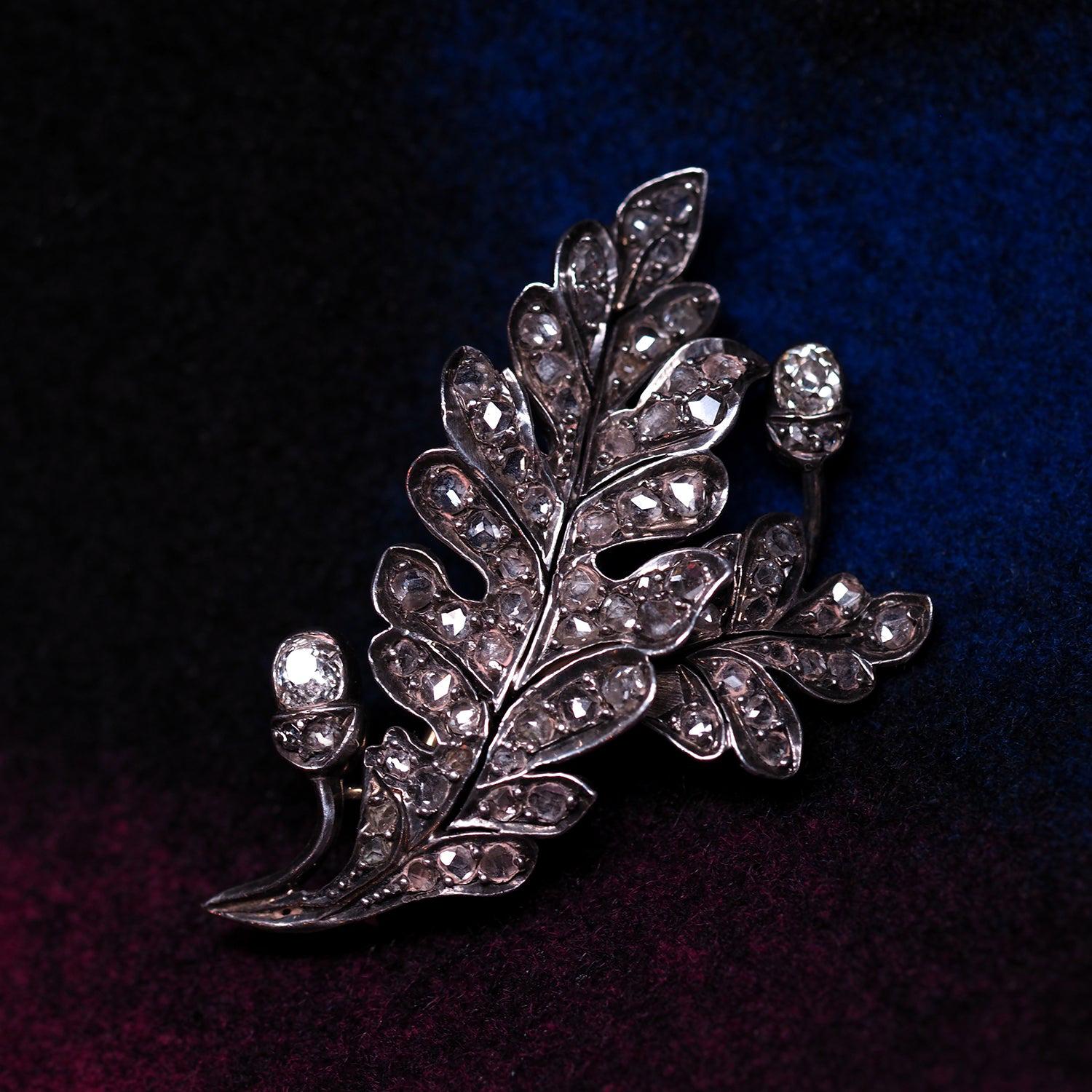 Antique Diamond Brooch Oak Leaf Gold Silver Old Mined Cut Diamond 1860 For Sale 9