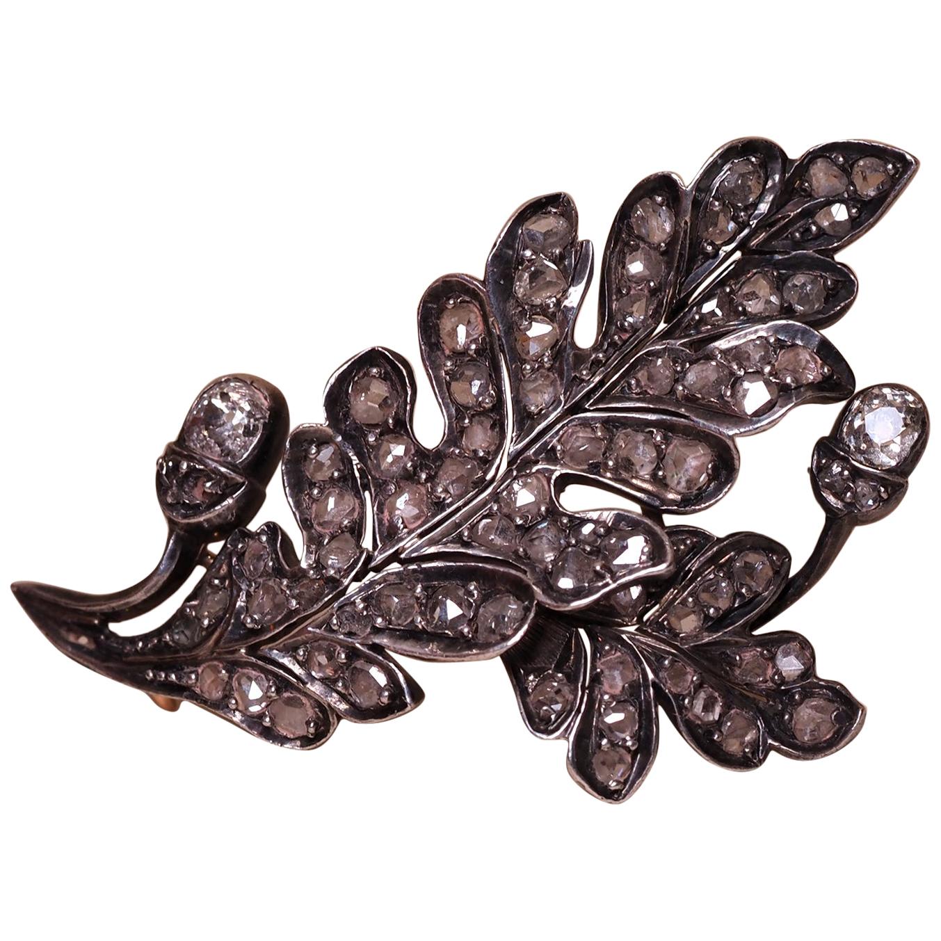 Antique Diamond Brooch Oak Leaf Gold Silver Old Mined Cut Diamond 1860 For Sale