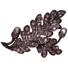 Broche ancienne en forme de feuille de chêne avec diamants, or et argent, taille vieille mine, 1860