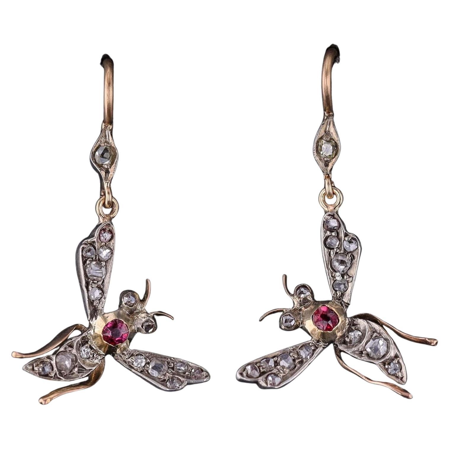Antique Diamond Bug Earrings of 14k, Circa 1880-1900