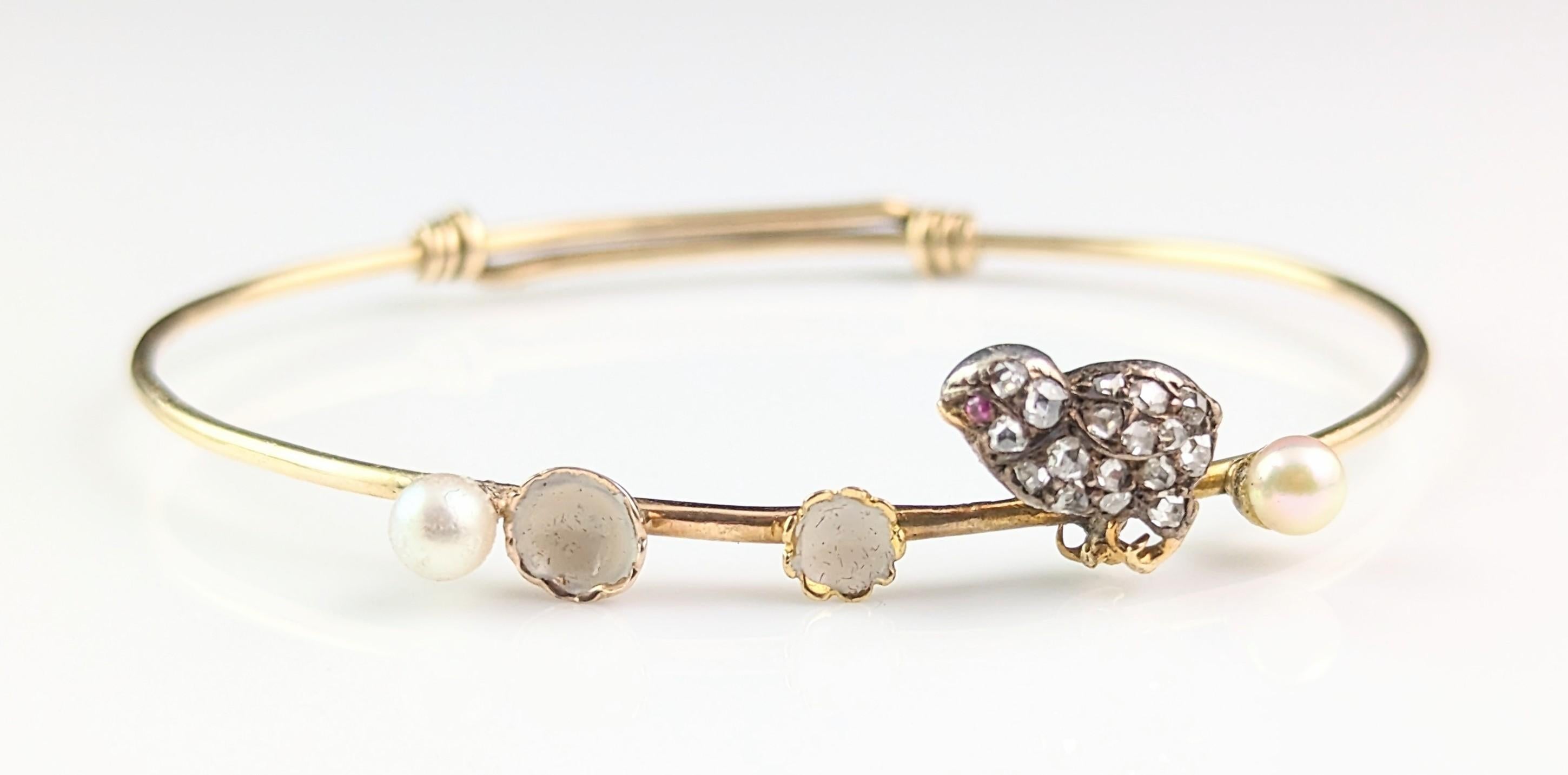 Antique Diamond Chick bangle, Ruby, Pearl and White Enamel, 12k gold  For Sale 7