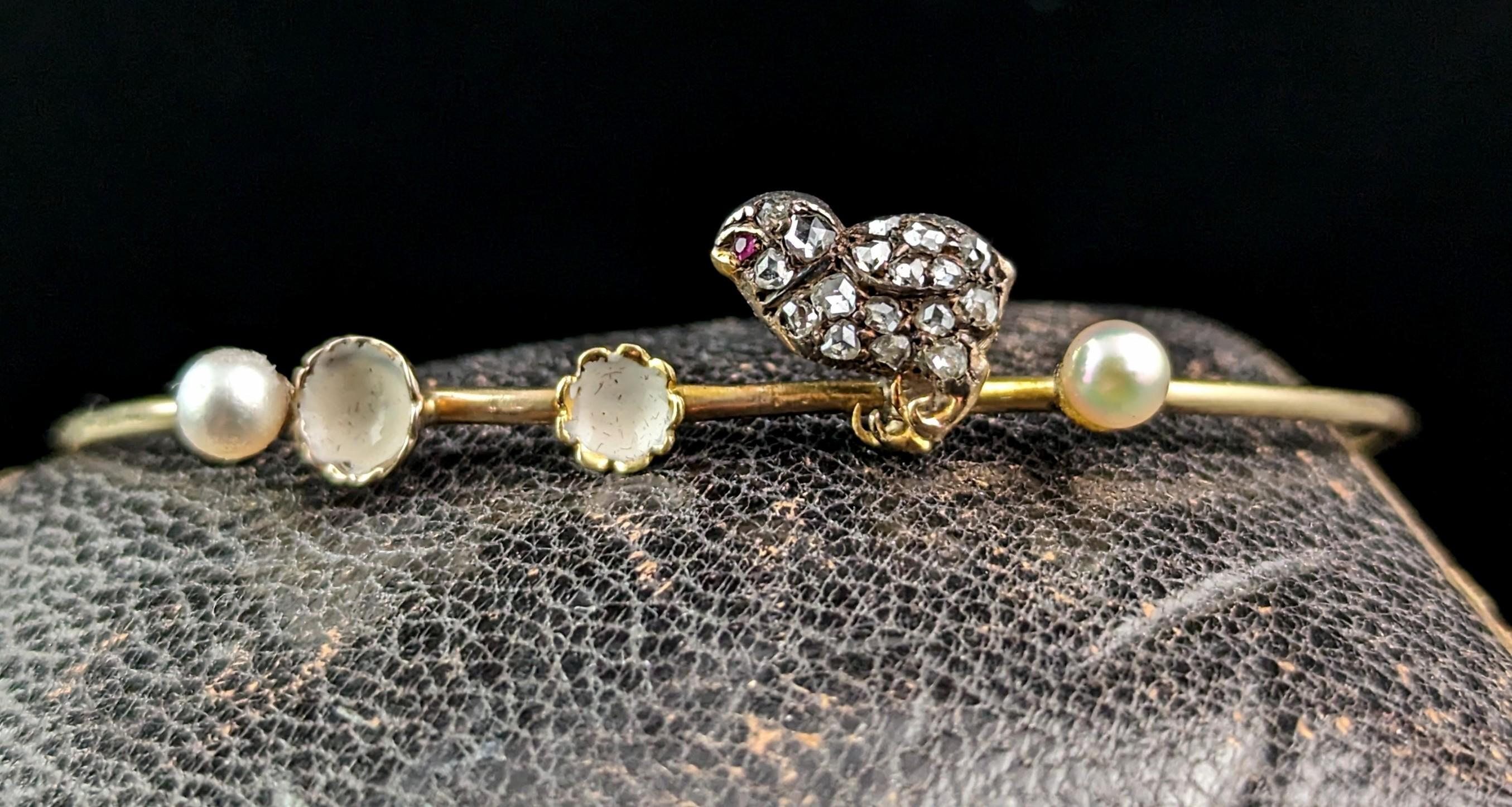 Words simply cannot express how wonderful this piece is, an antique Diamond Chick bangle hailing from the late Victorian era.

Such a rare piece to find, these little chicks were most often found on brooches or converted from brooches to