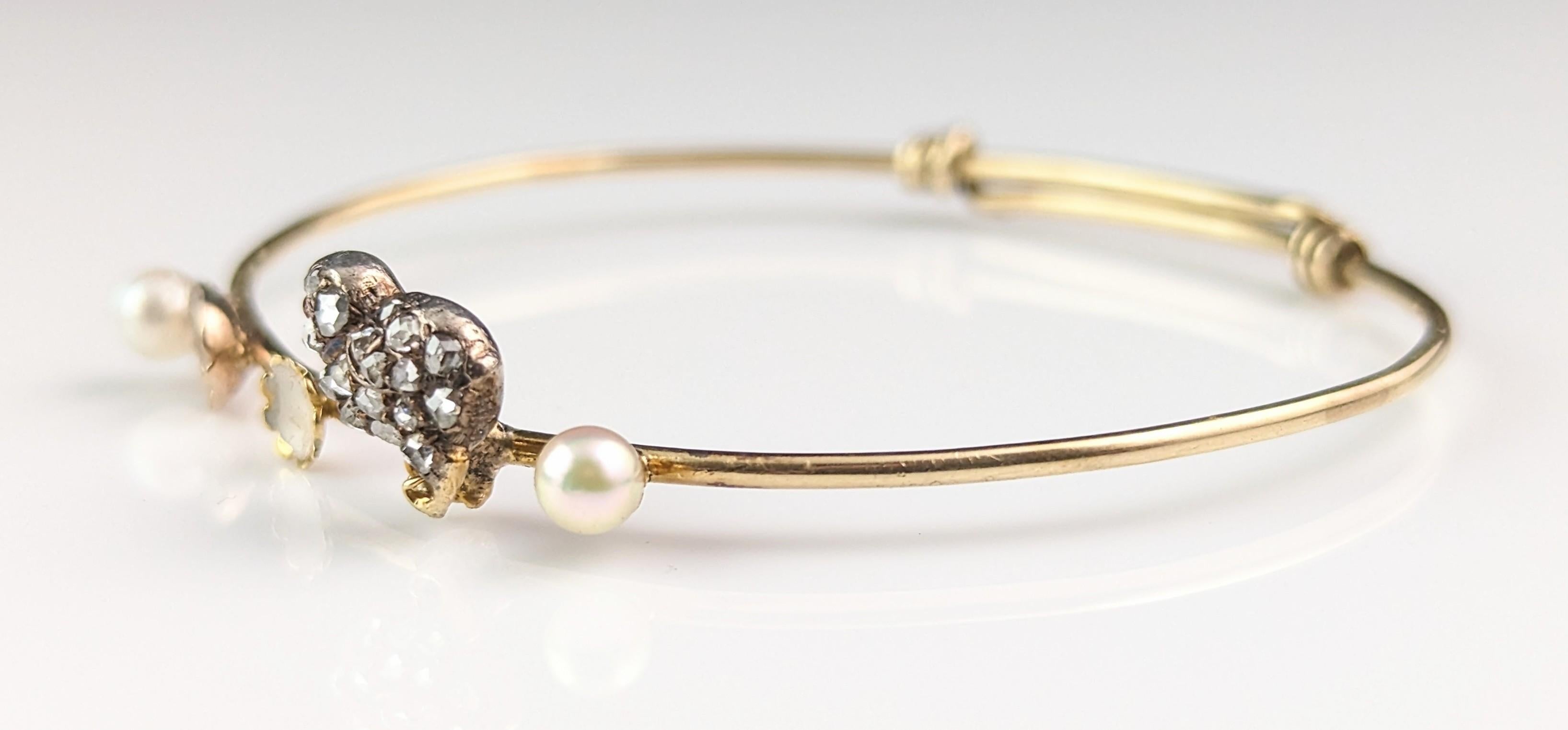 Antiker Diamant-Chic-Armreif, Rubin, Perle und weiße Emaille, 12k Gold  im Angebot 14