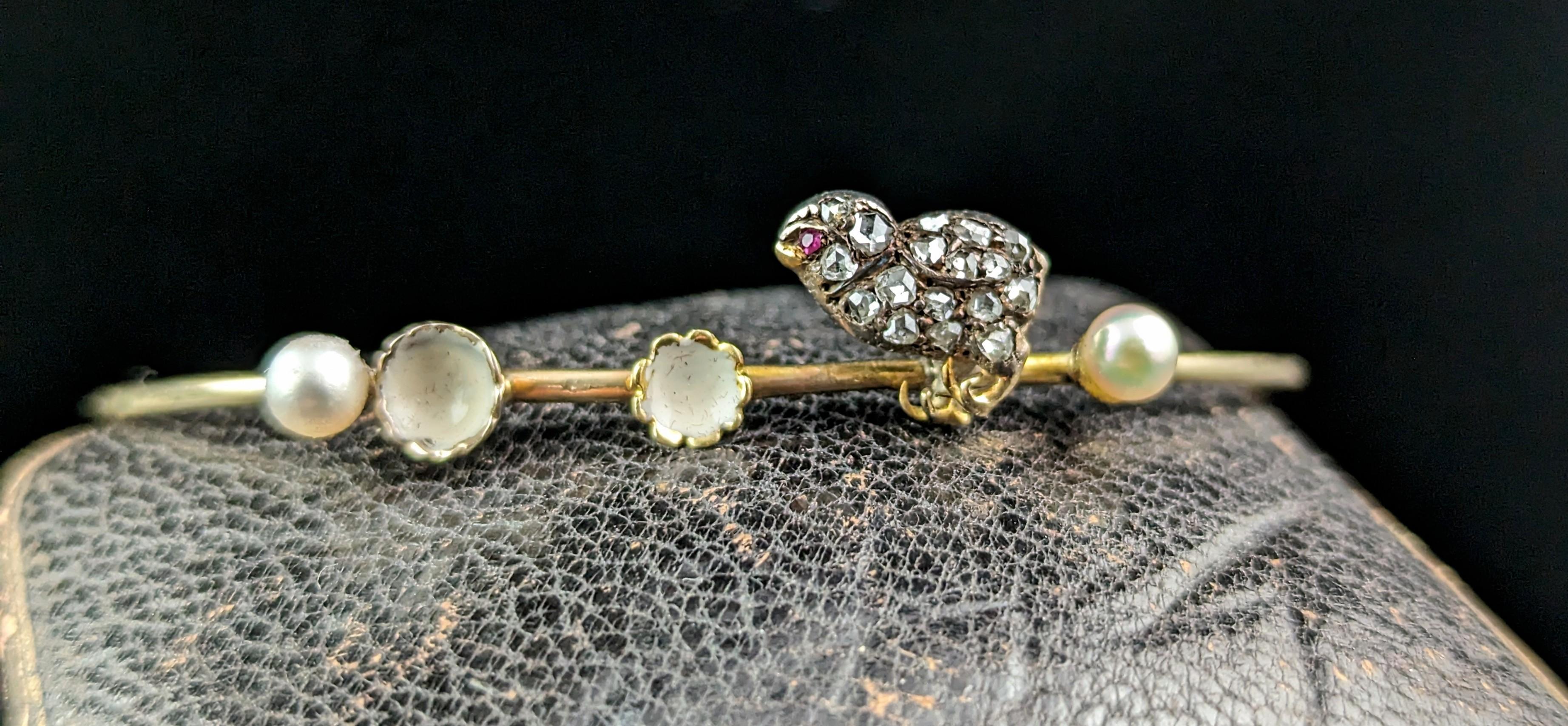 Antique Diamond Chick bangle, Ruby, Pearl and White Enamel, 12k gold  For Sale 2