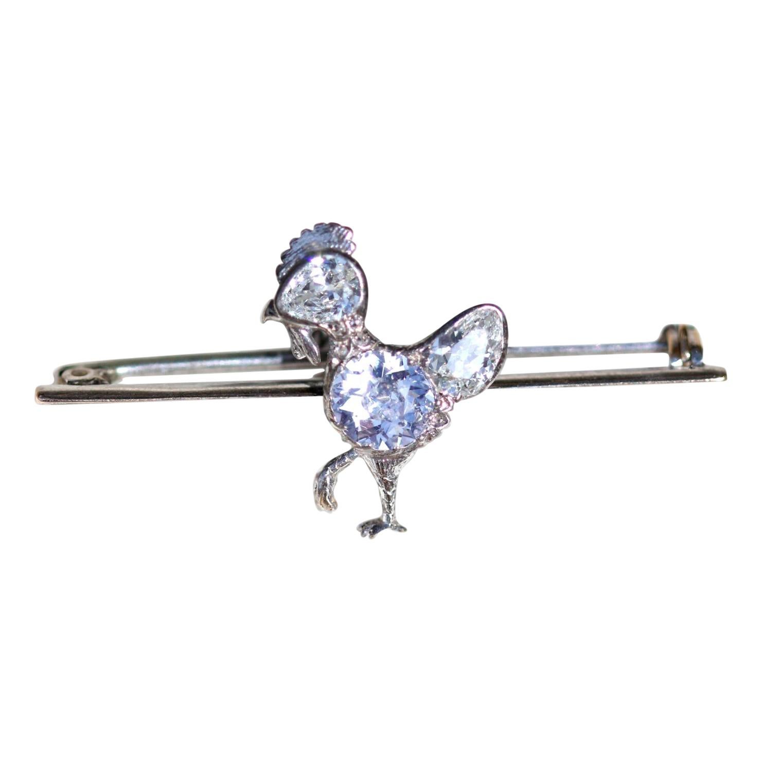 Broche poulet ancienne en platine et diamants en vente