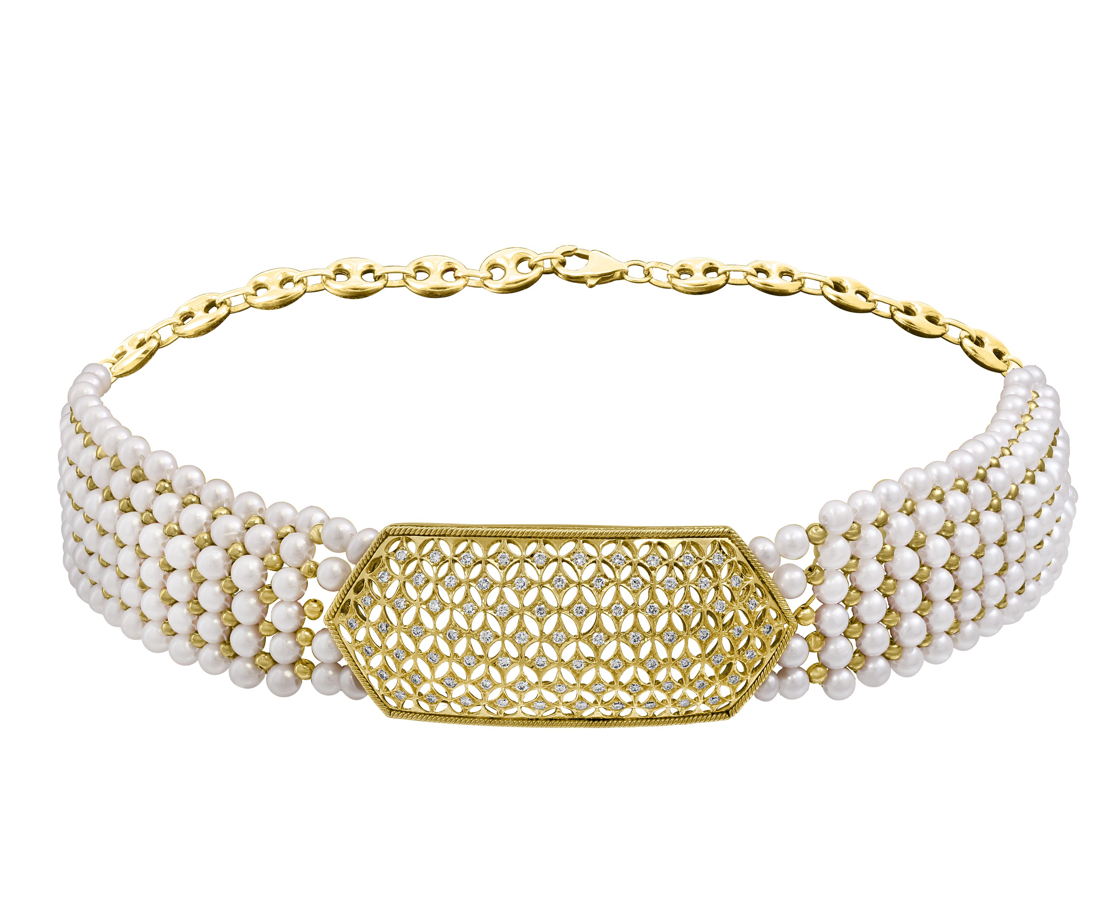 Round Cut Antique Diamond Choker Necklace with Pearls, 18 Karat Yellow Gold Bridal