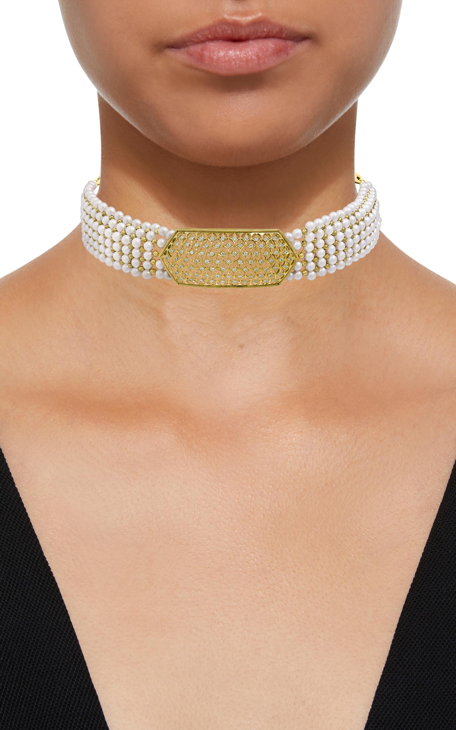 Antique Diamond Choker Necklace with Pearls, 18 Karat Yellow Gold Bridal 1