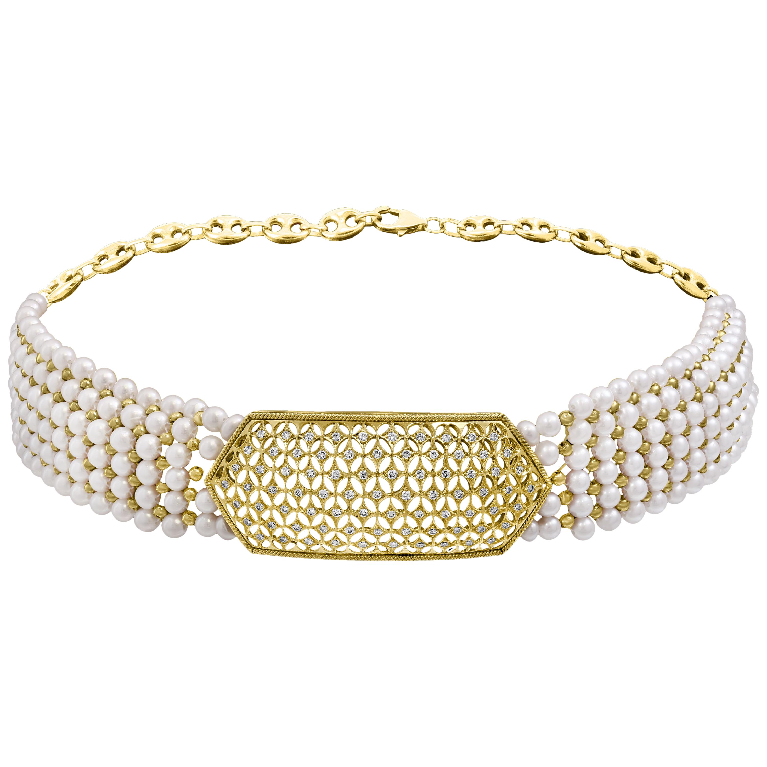 Antique Diamond Choker Necklace with Pearls, 18 Karat Yellow Gold Bridal