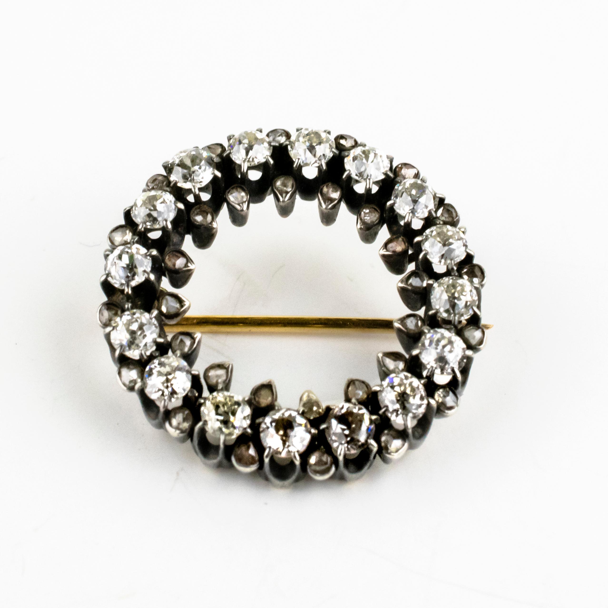 Victorian Antique Diamond Gold Circle Brooch, 19th Century For Sale