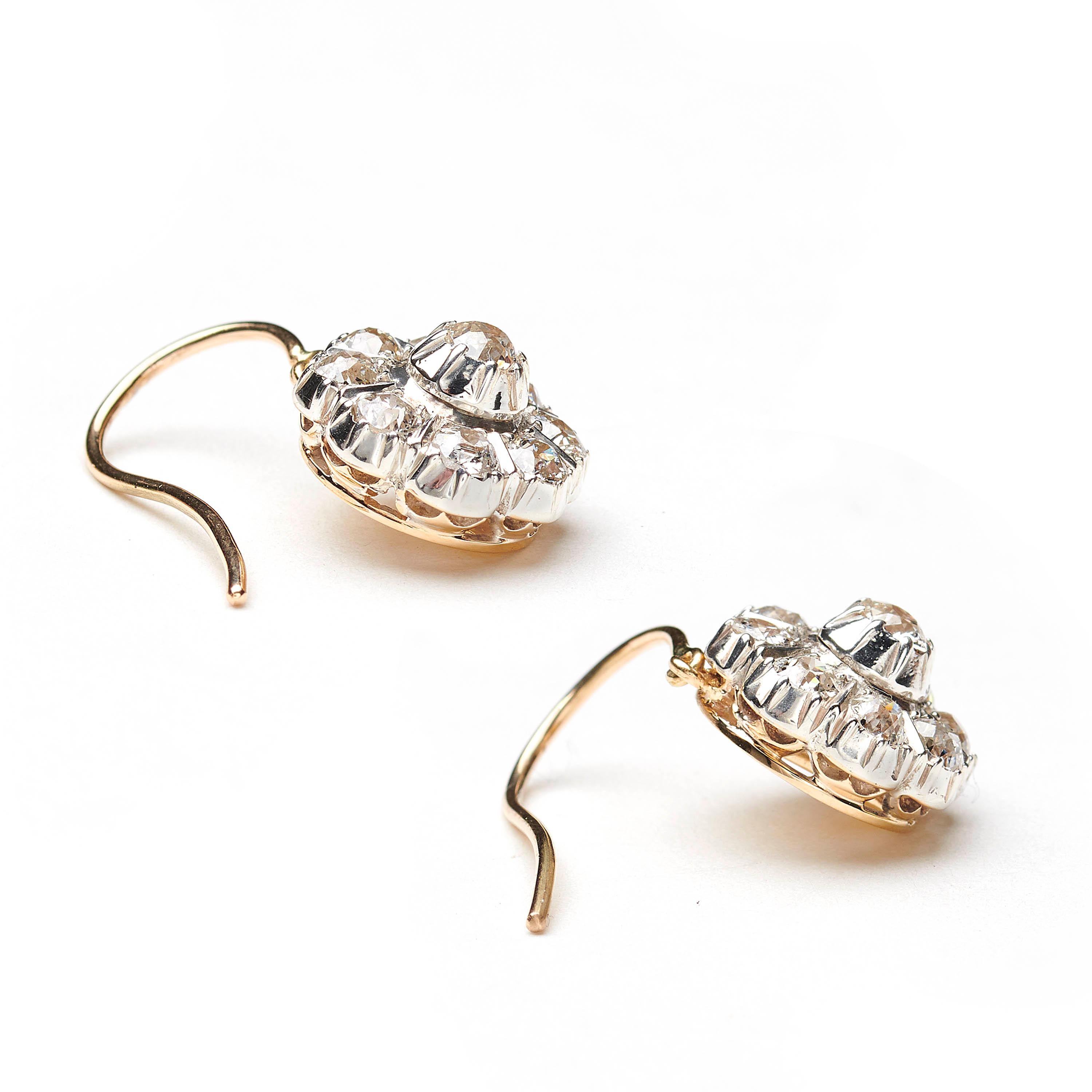 Victorian Antique Diamond Silver and Gold Cluster Drop Earrings, Circa 1880
