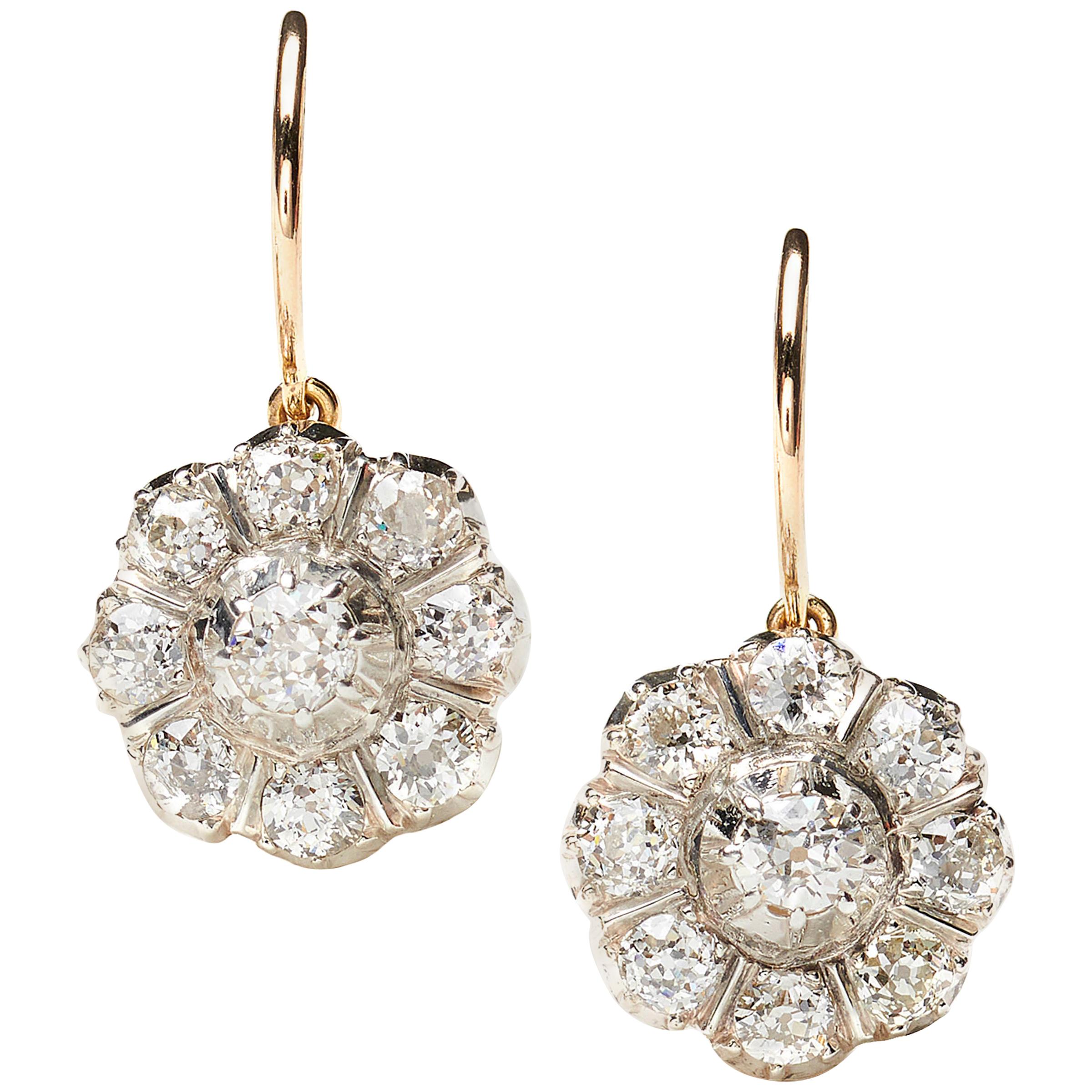 Antique Diamond Silver and Gold Cluster Drop Earrings, Circa 1880