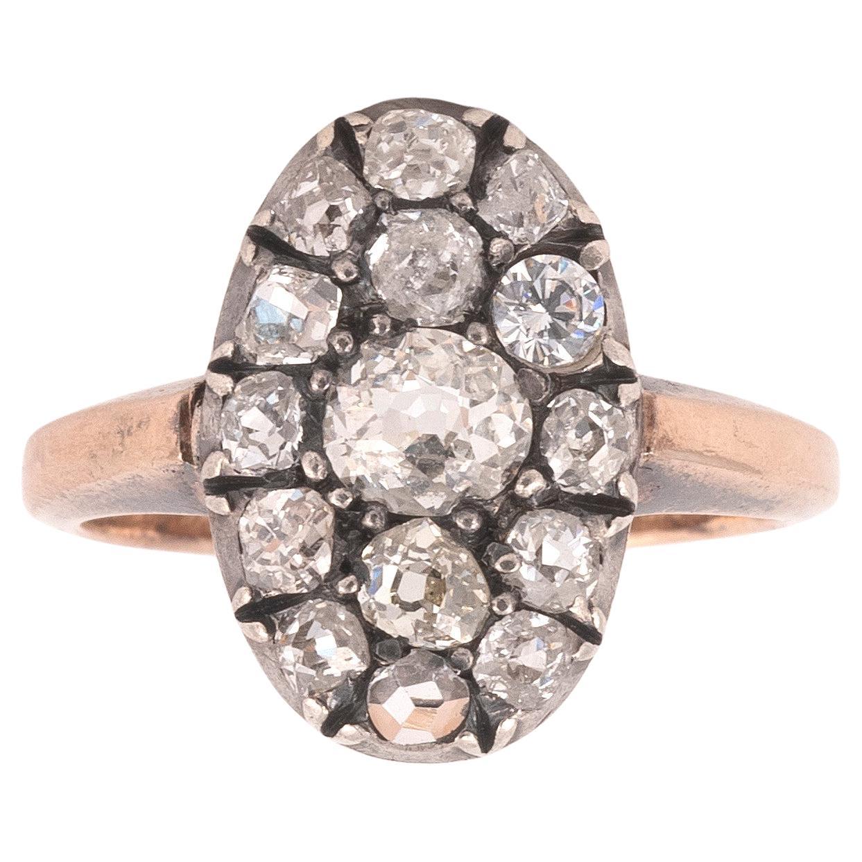 Antique Old Cut Diamond Cluster Oval Ring