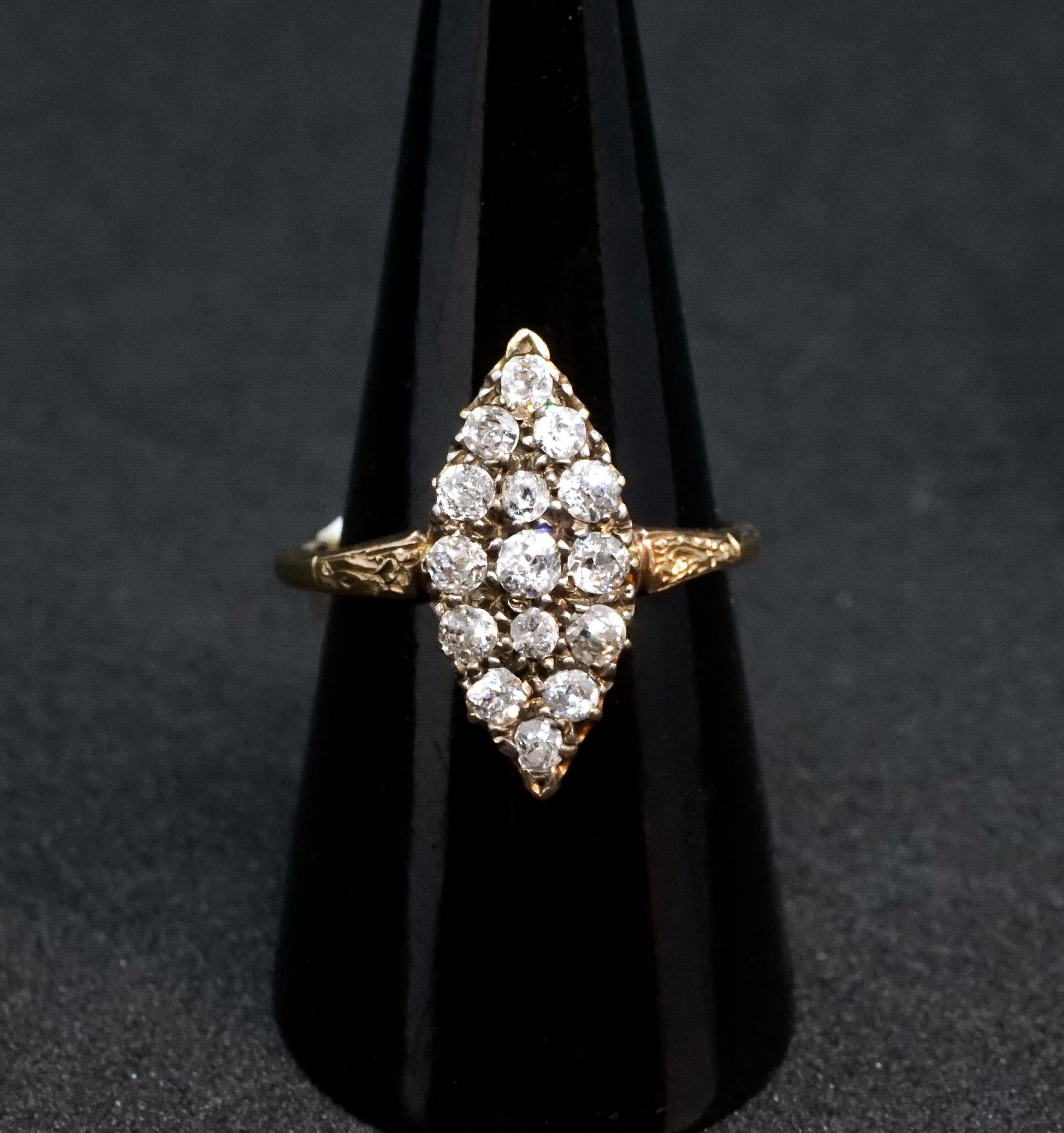 Art Nouveau Antique Diamond Cluster Rose Gold Navette Ring, Austria, Around 1890 For Sale