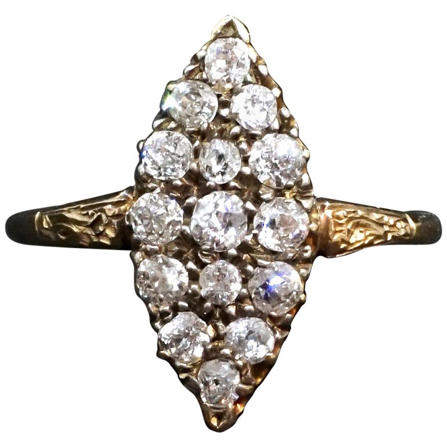 Antique Diamond Cluster Rose Gold Navette Ring, Austria, Around 1890 For Sale